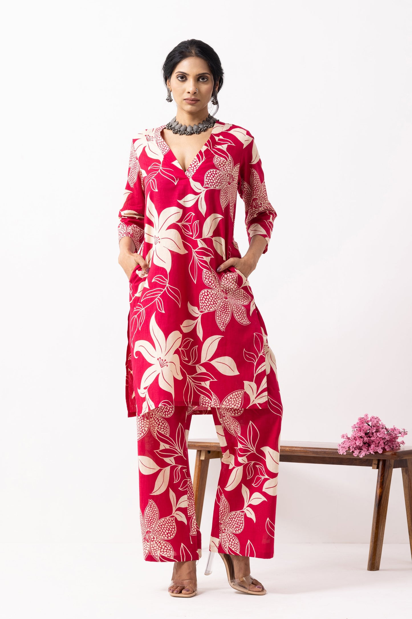 Crimson Red Block Printed Kali Kurta Set (Set of 2)