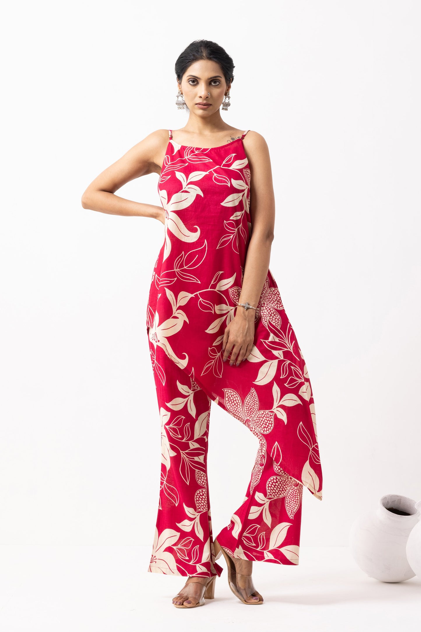 Crimson Red Block Printed Raya Kurta Set (Set of 2)