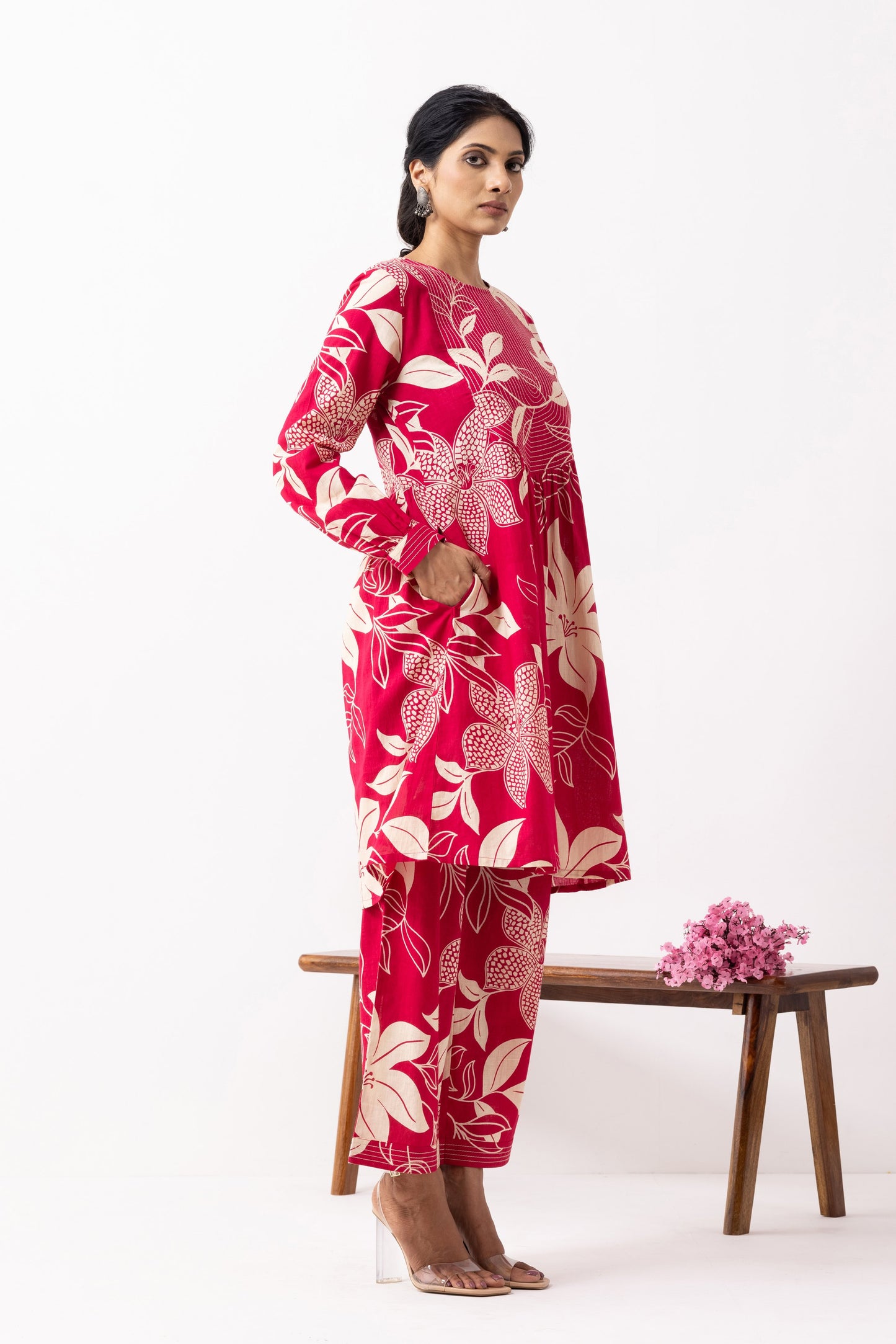 Crimson Red Block Printed Aadhira Kurta Set (Set of 2)