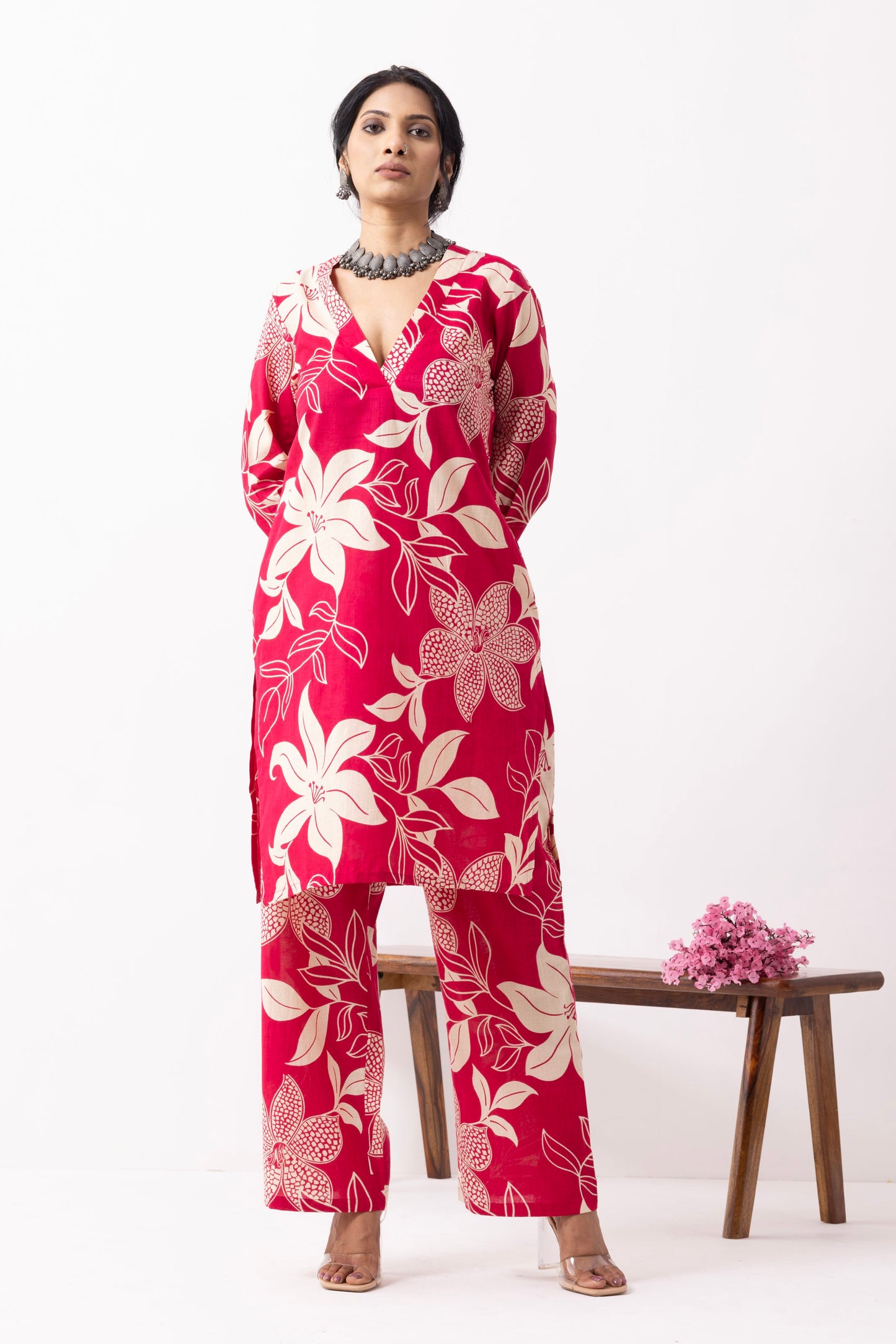 Crimson Red Block Printed Kali Kurta Set (Set of 2)