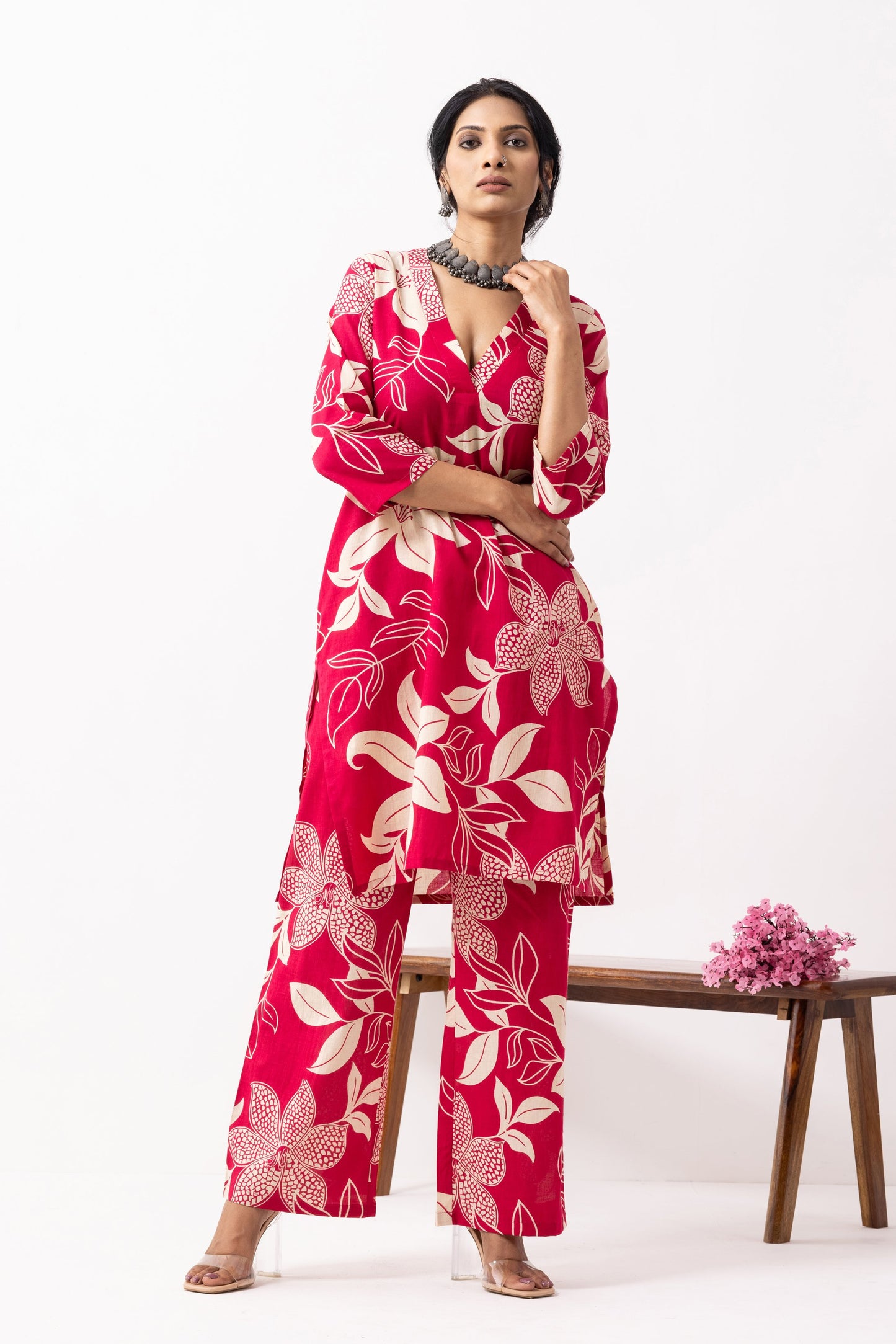 Crimson Red Block Printed Kali Kurta Set (Set of 2)