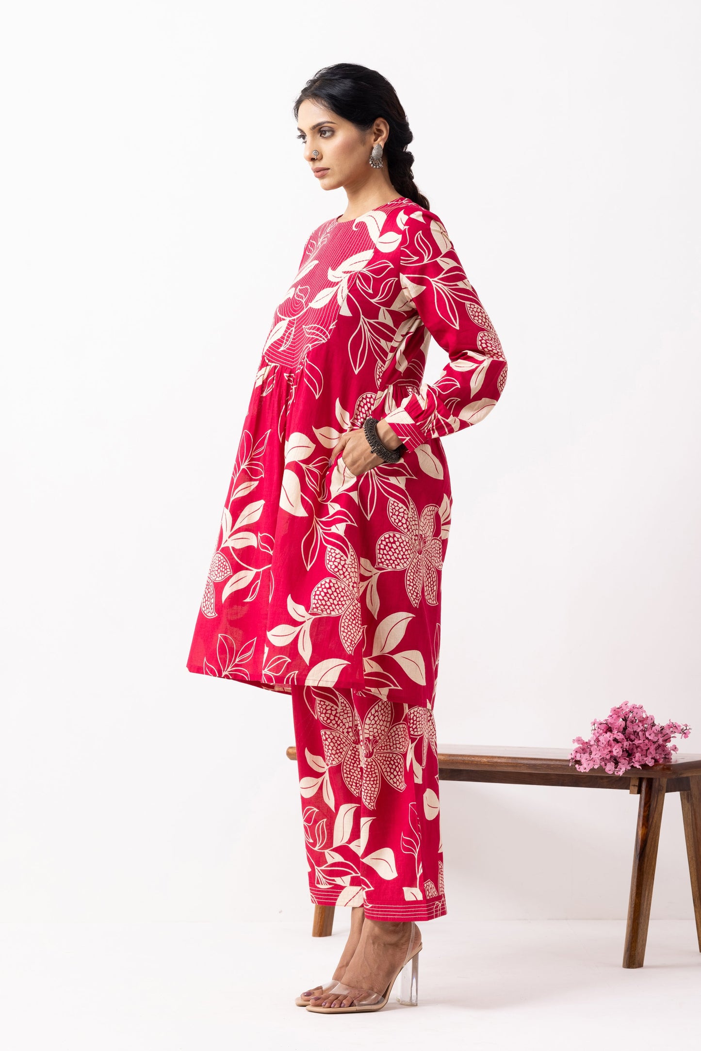 Crimson Red Block Printed Aadhira Kurta Set (Set of 2)