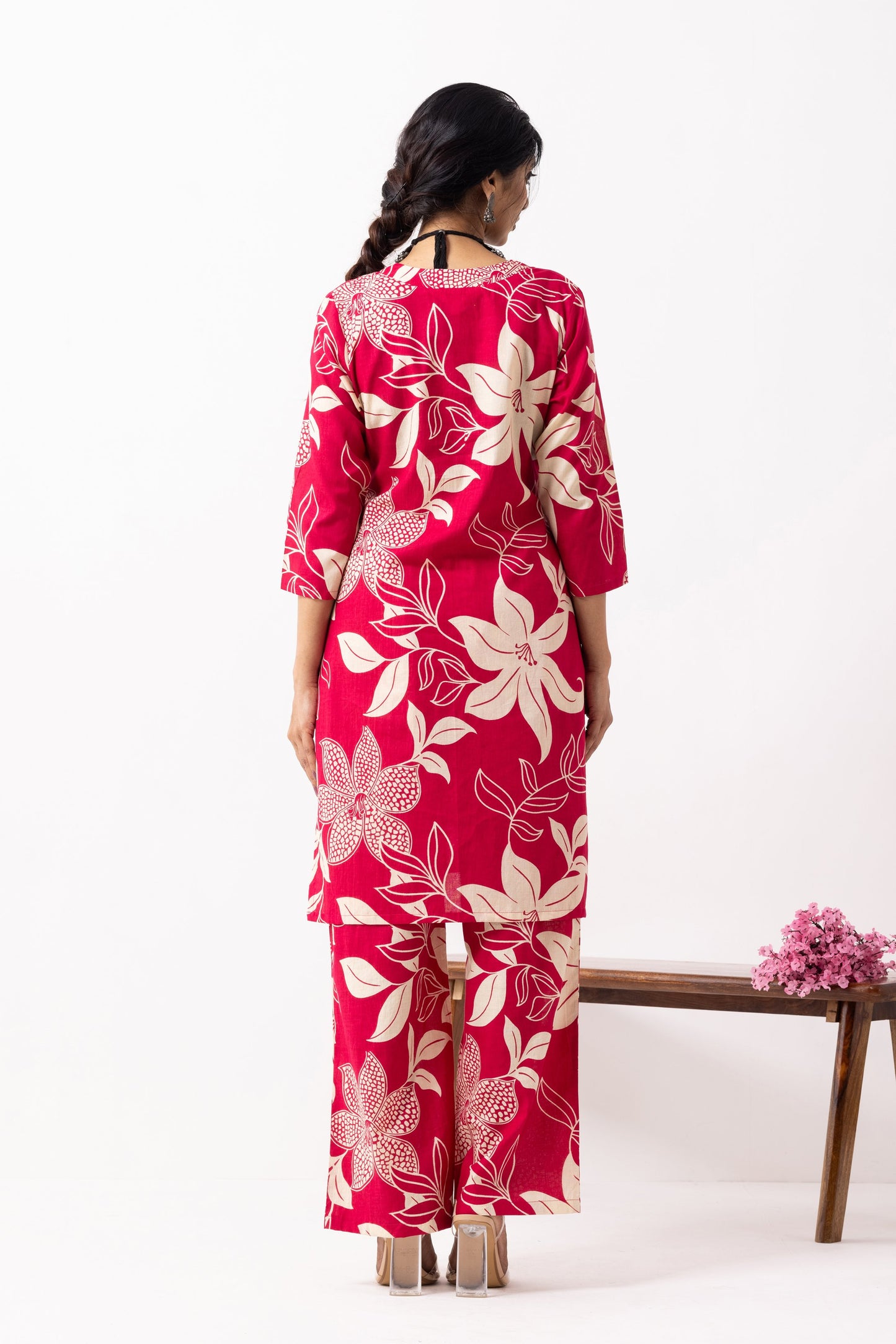 Crimson Red Block Printed Kali Kurta Set (Set of 2)