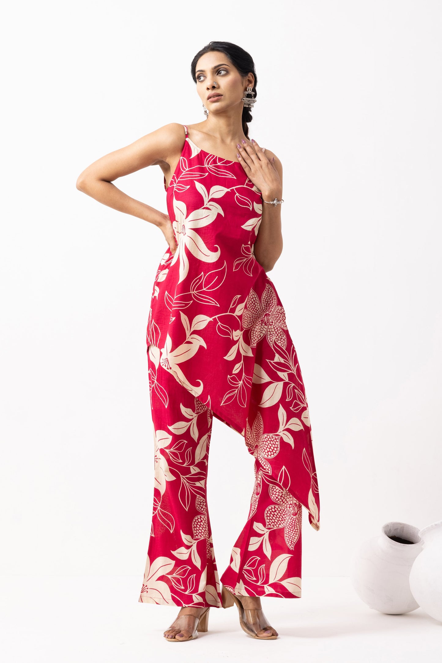 Crimson Red Block Printed Raya Kurta Set (Set of 2)