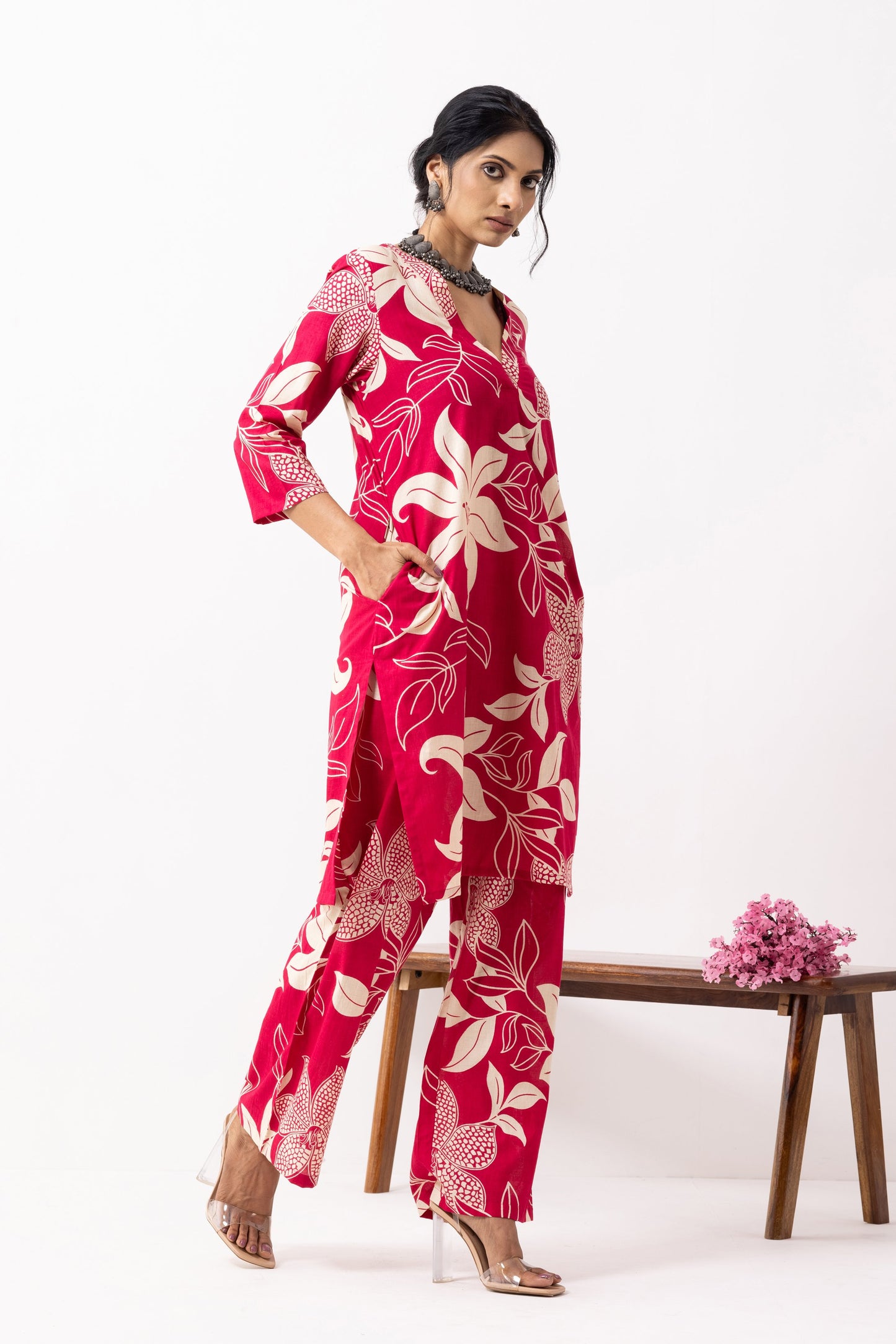 Crimson Red Block Printed Kali Kurta Set (Set of 2)