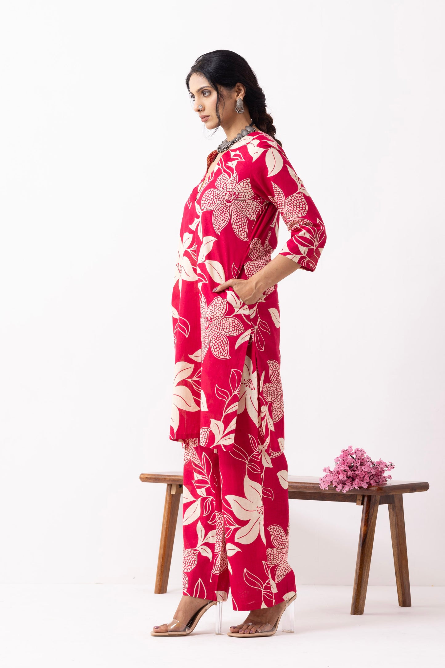 Crimson Red Block Printed Kali Kurta Set (Set of 2)