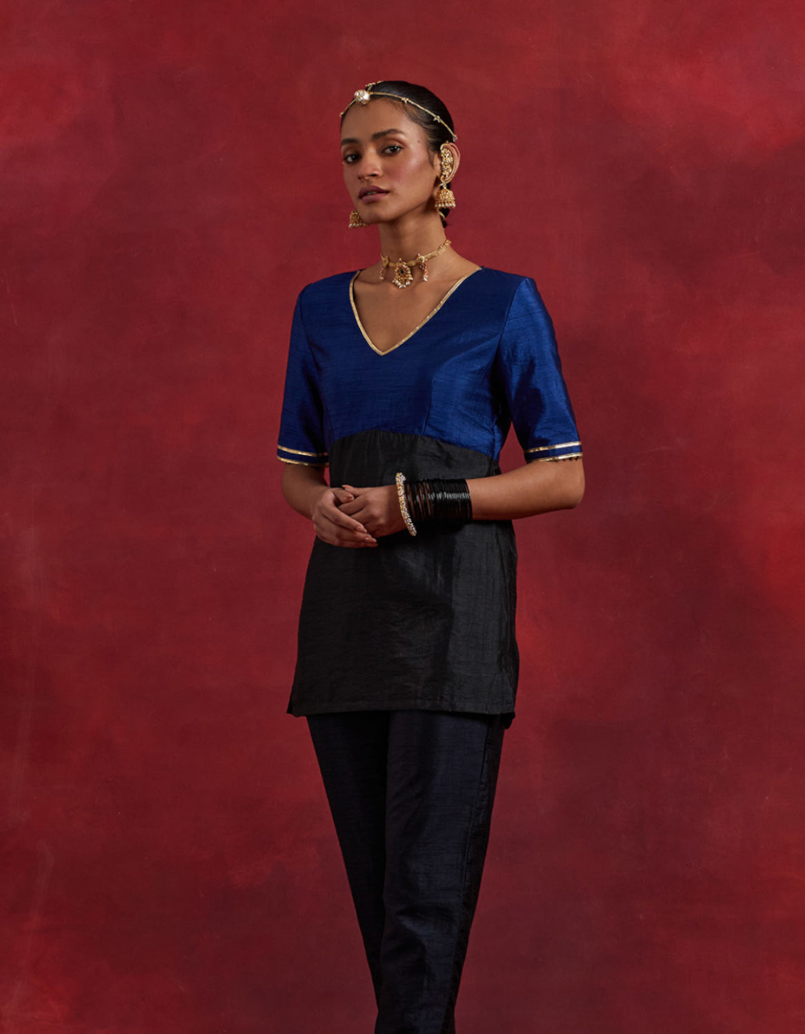Blue Black Raw Silk Sadhna Kurta