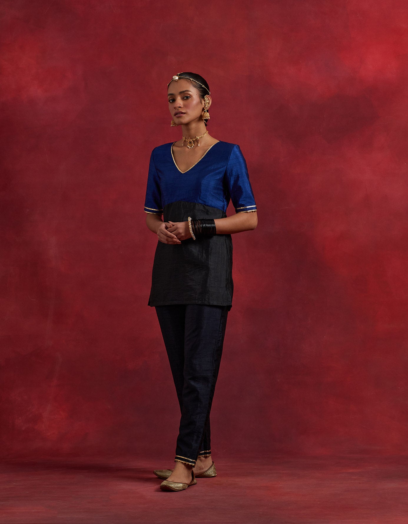 Blue Black Raw Silk Sadhna Kurta Set (Set Of 3)