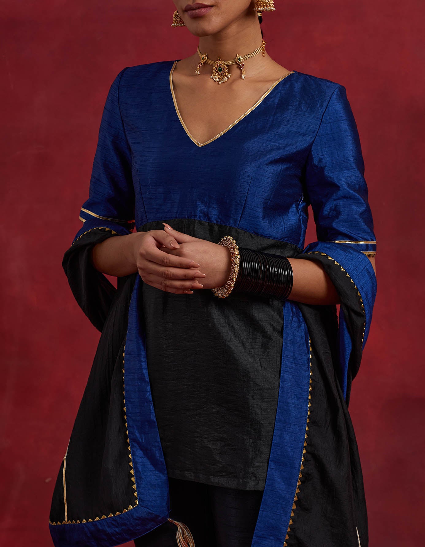 Blue Black Raw Silk Sadhna Kurta Set (Set Of 3)