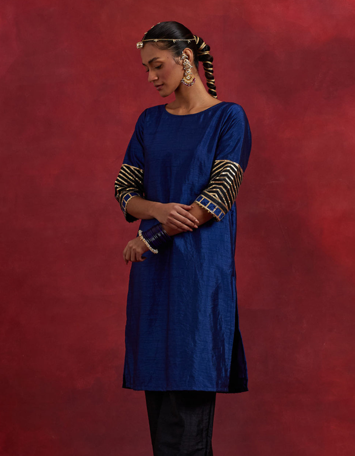 Blue Black Raw Silk Jennifer Kurta