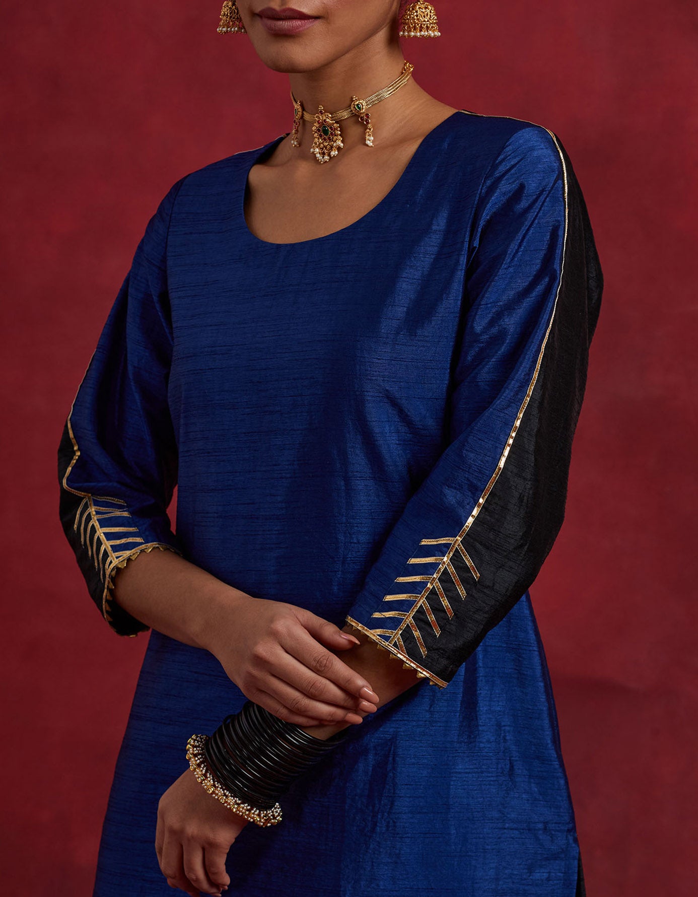 Blue Black Raw Silk Half And Half Kurta