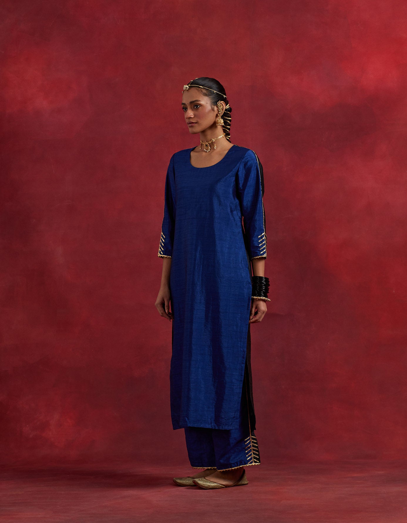 Blue Black Raw Silk Half And Half Kurta Set (Set Of 2)