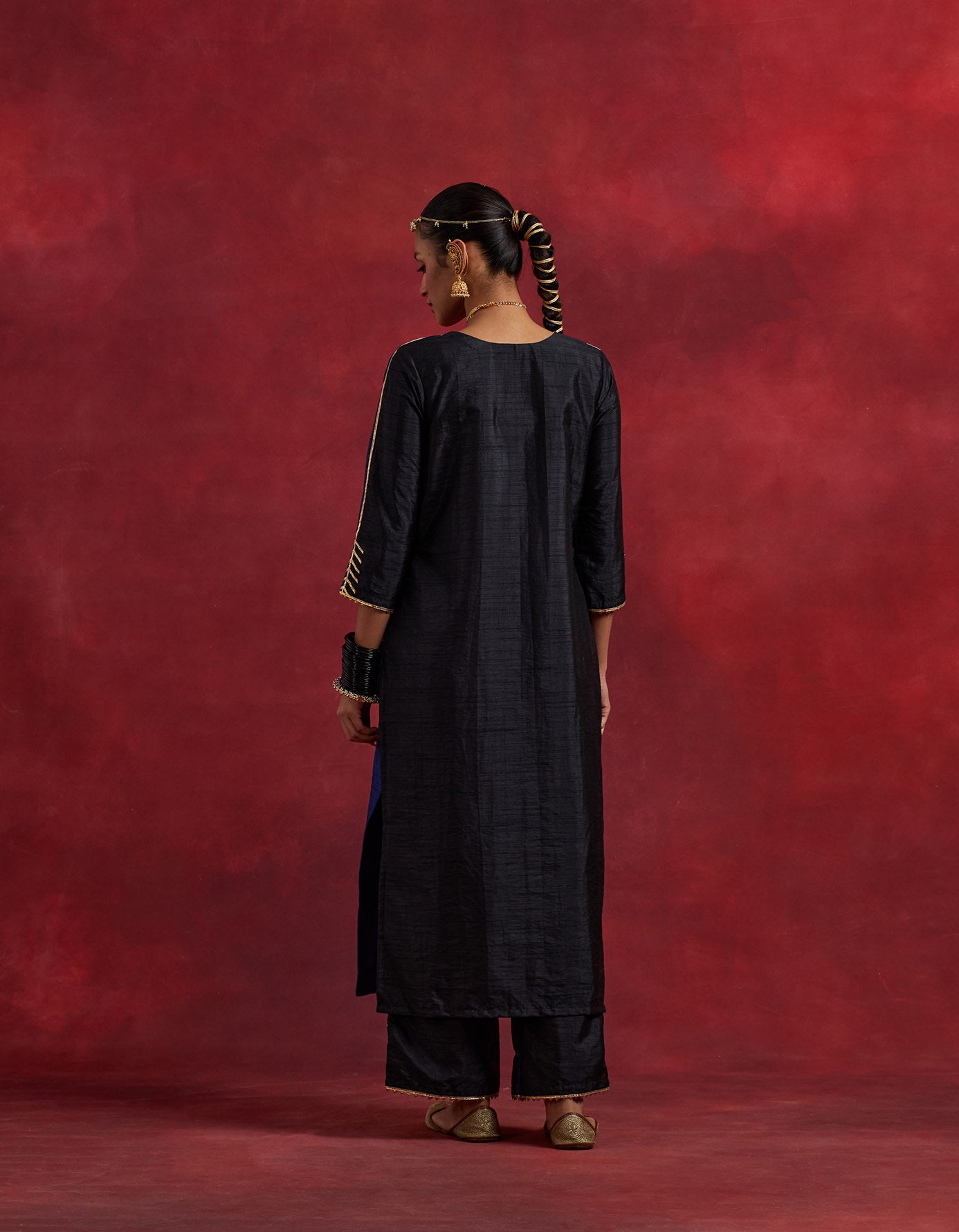 Blue Black Raw Silk Half And Half Kurta Set (Set Of 2)