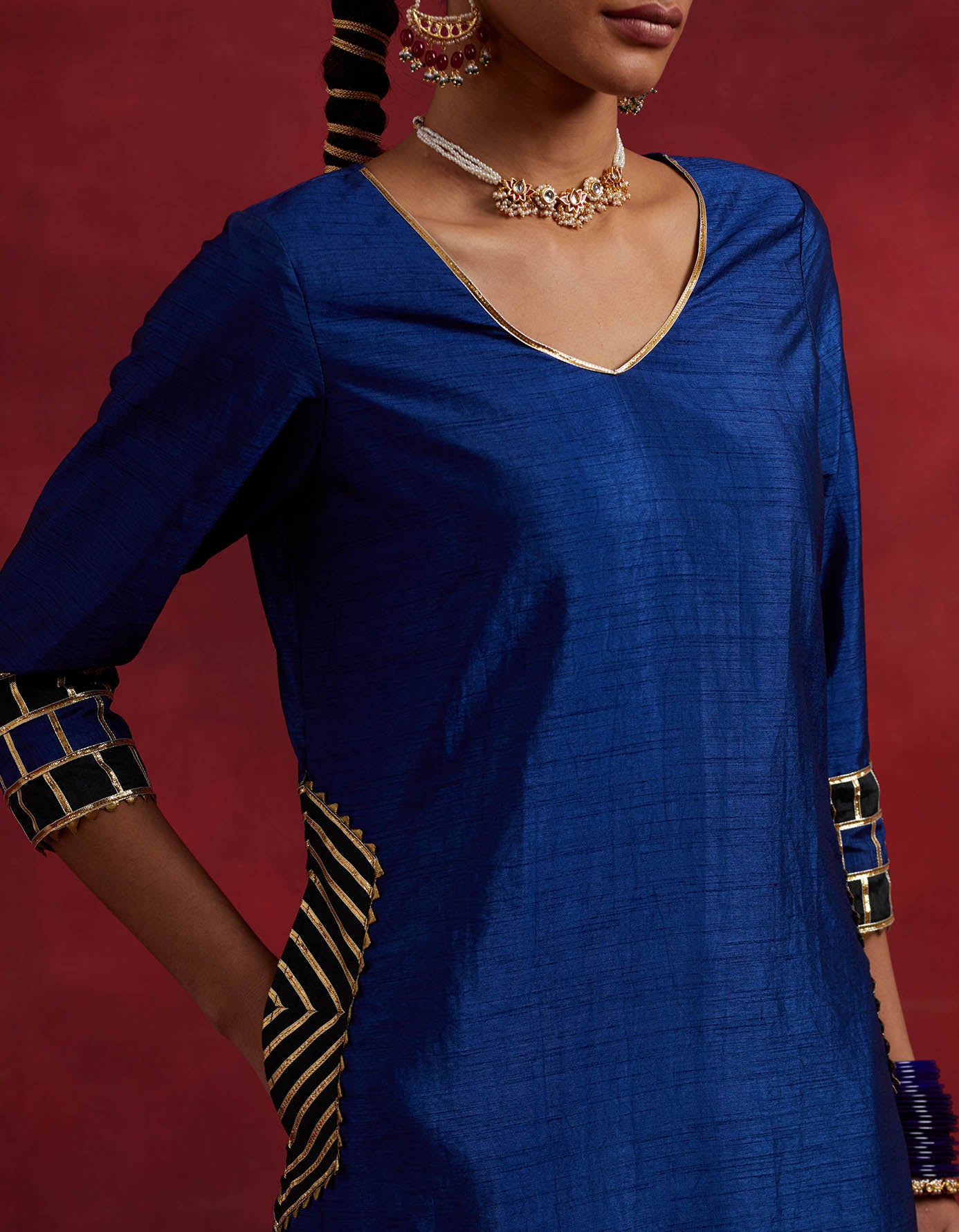 Blue Black Raw Silk Mira Kurta Set (Set Of 3)