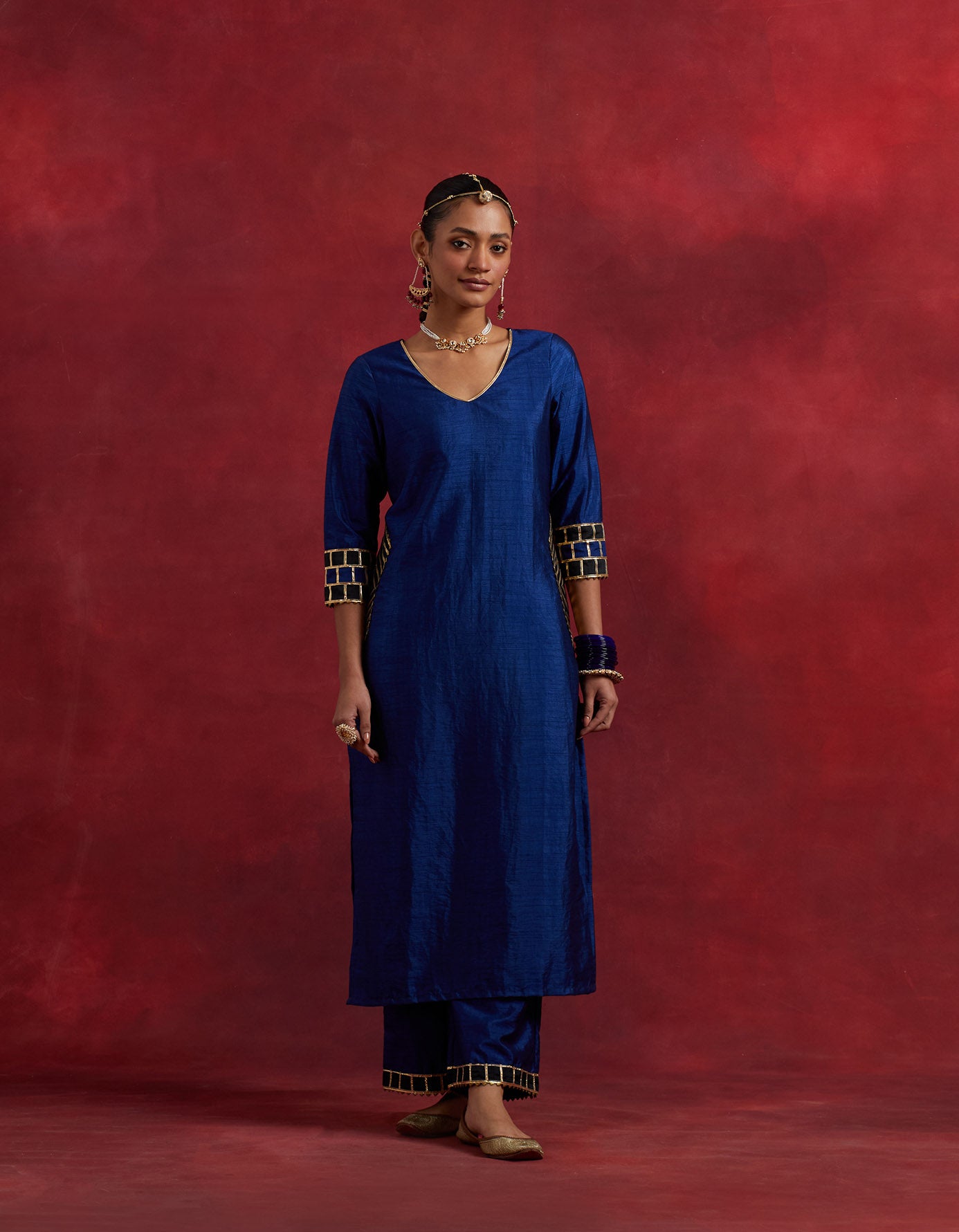 Blue Black Raw Silk Mira Kurta Set (Set Of 3)