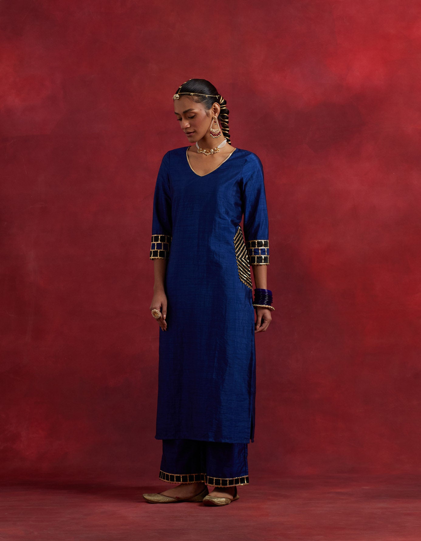 Blue Black Raw Silk Mira Kurta Set (Set Of 3)