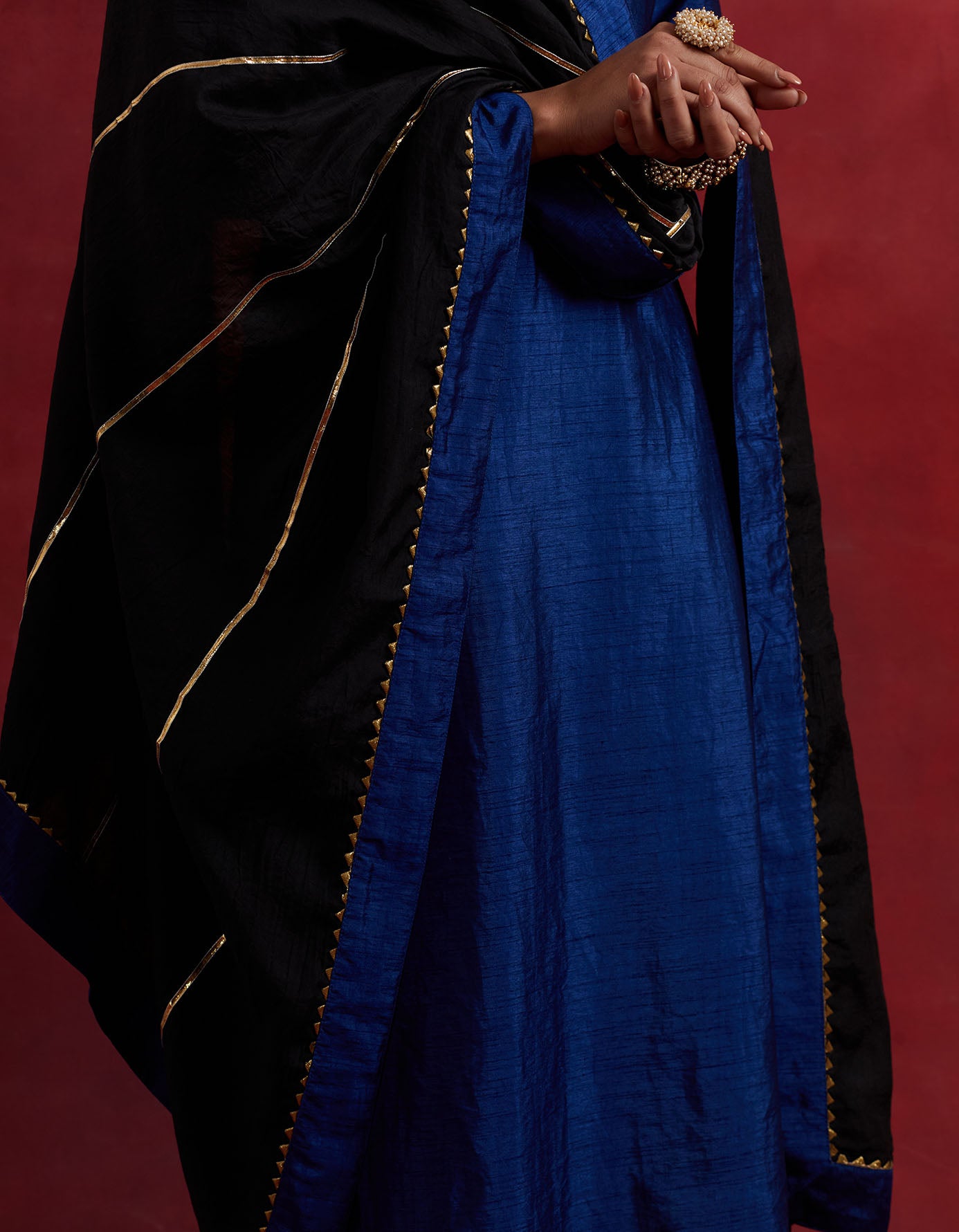 Blue Black Raw Silk Mira Kurta Set (Set Of 3)