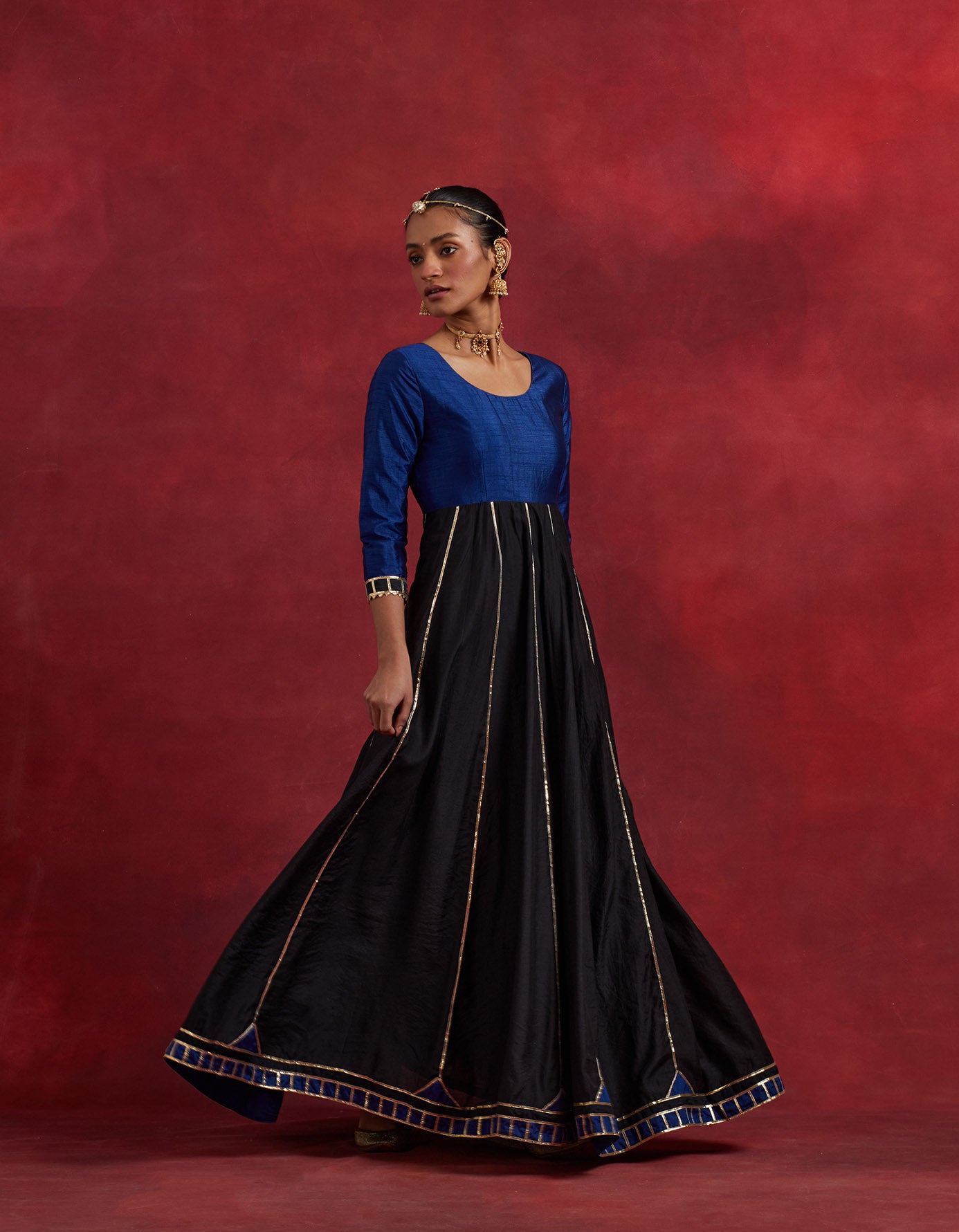 Blue Black Raw Silk And Chanderi Ghoomar Kurta Set (Set Of 2)