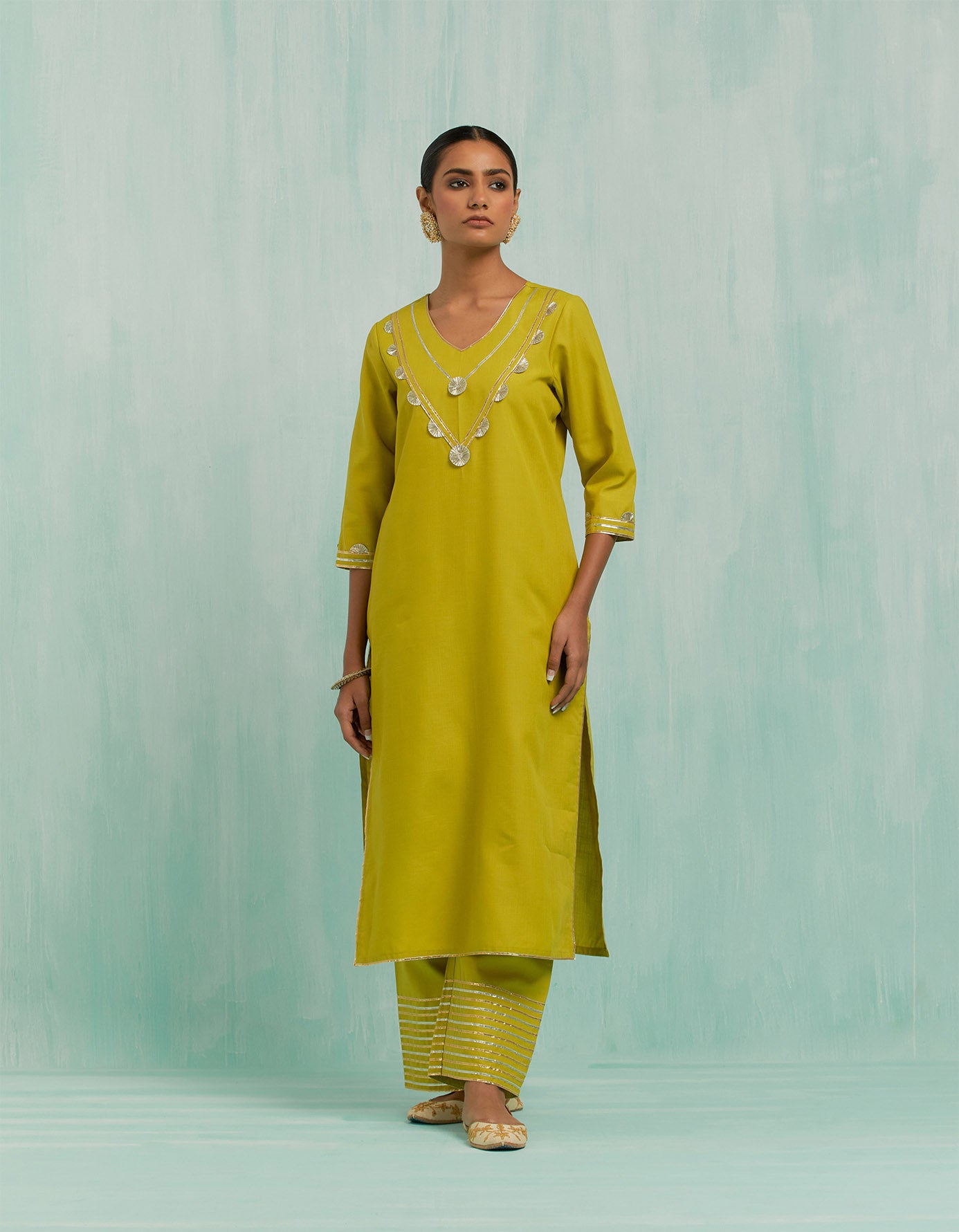 Lemon Green Mira Straight Kurta And Palazzo With Gold Silver Gota Details (Set Of 2)