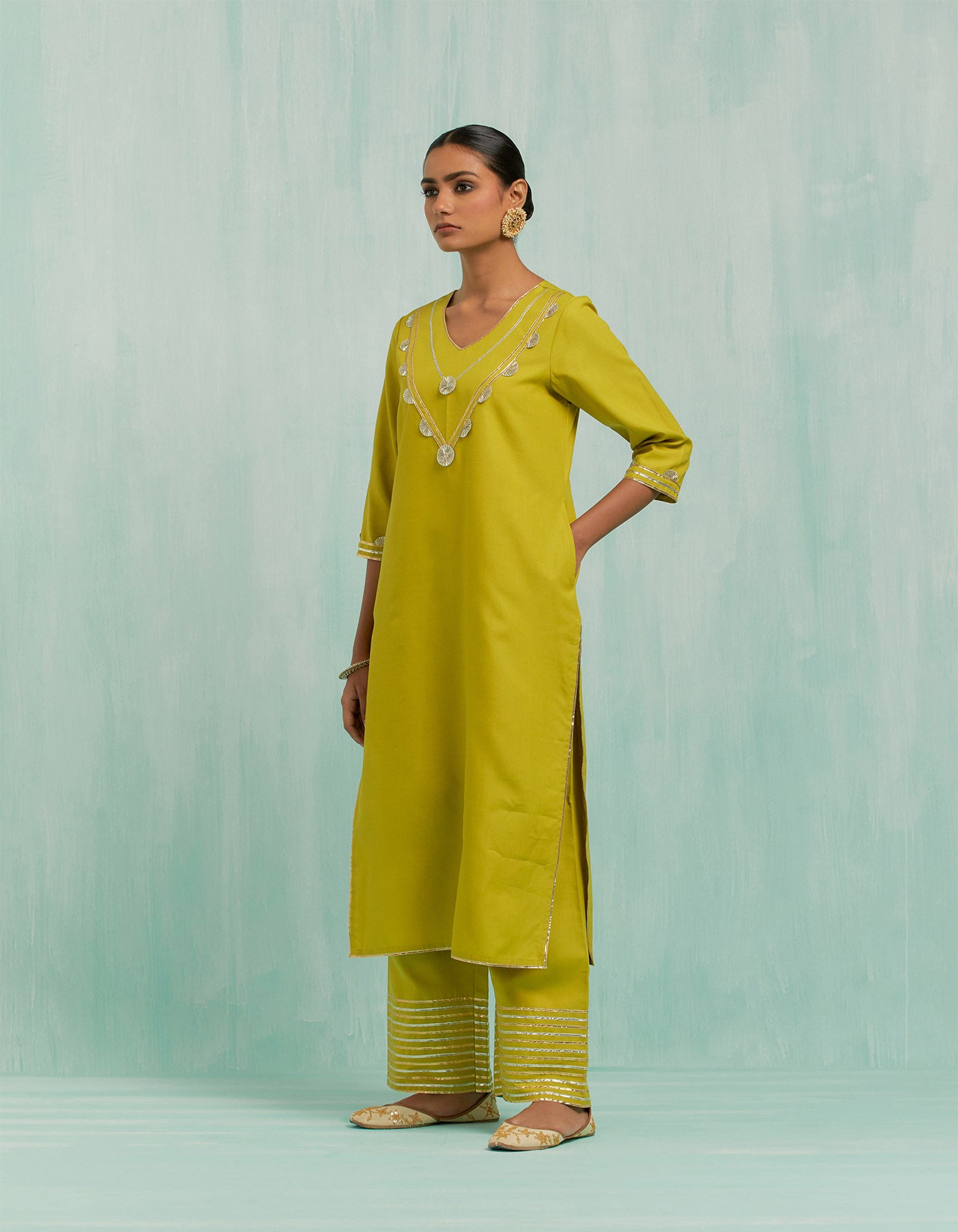 Lemon Green Mira Straight Kurta And Palazzo With Gold Silver Gota Details (Set Of 2)