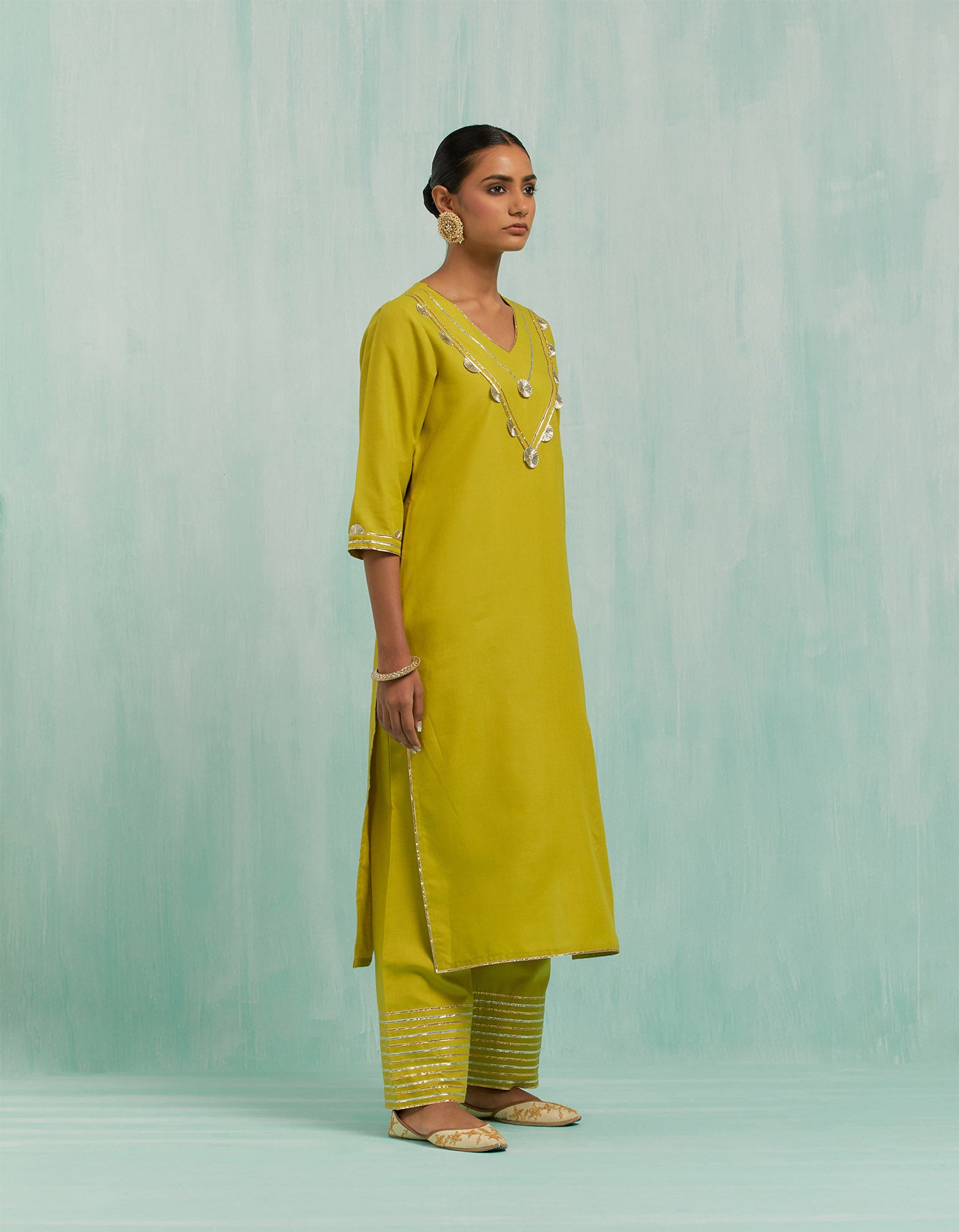 Lemon Green Mira Straight Kurta And Palazzo With Gold Silver Gota Details (Set Of 2)