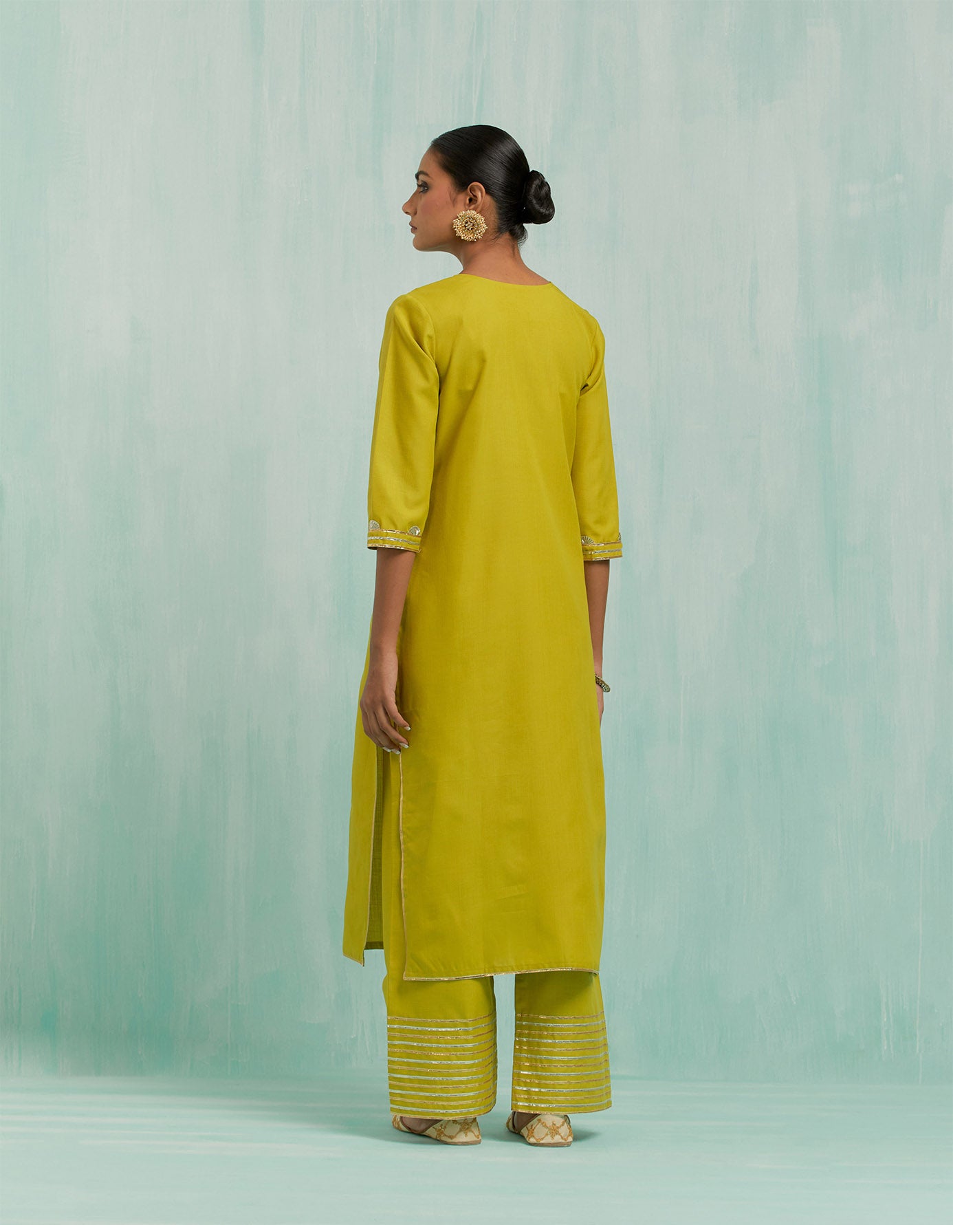 Lemon Green Mira Straight Kurta And Palazzo With Gold Silver Gota Details (Set Of 2)