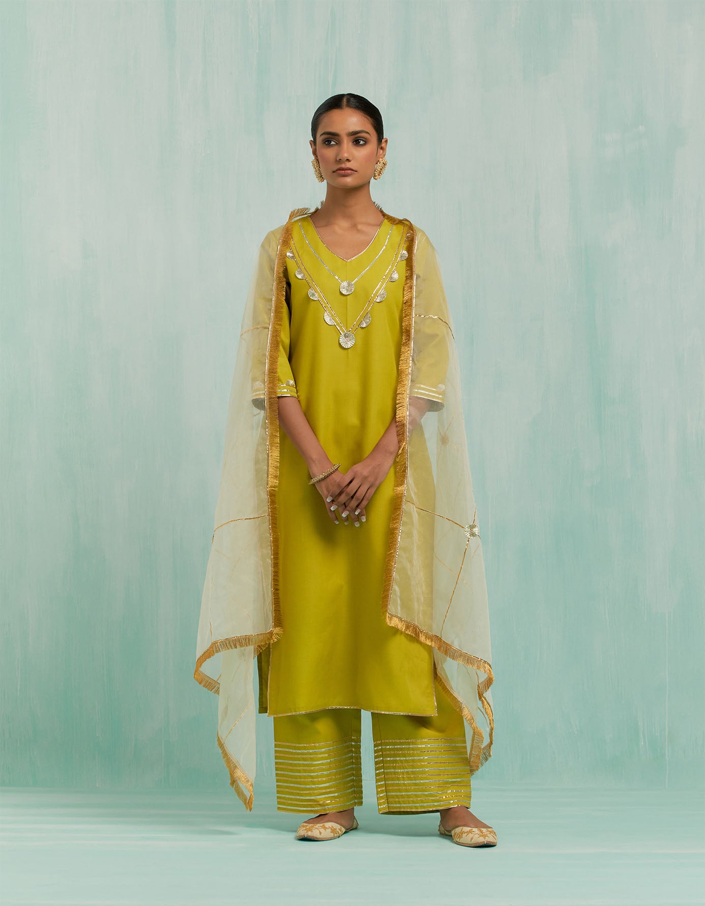 Lemon Green Mira Straight Kurta And Palazzo With Gold Silver Gota Details (Set Of 2)