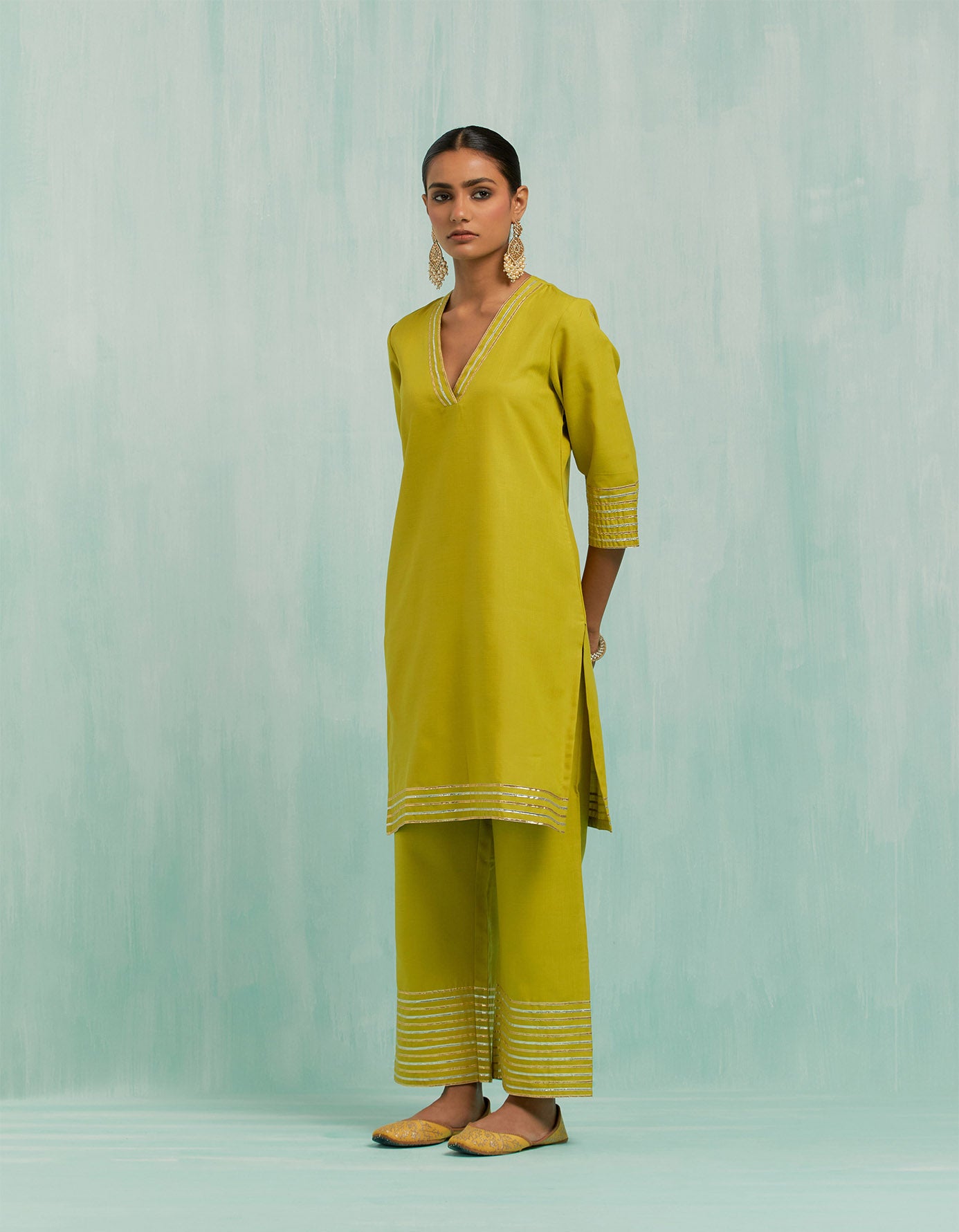Lemon Green Kali Short Kurta And Palazzo With Gold Silver Gota Details (Set Of 2)