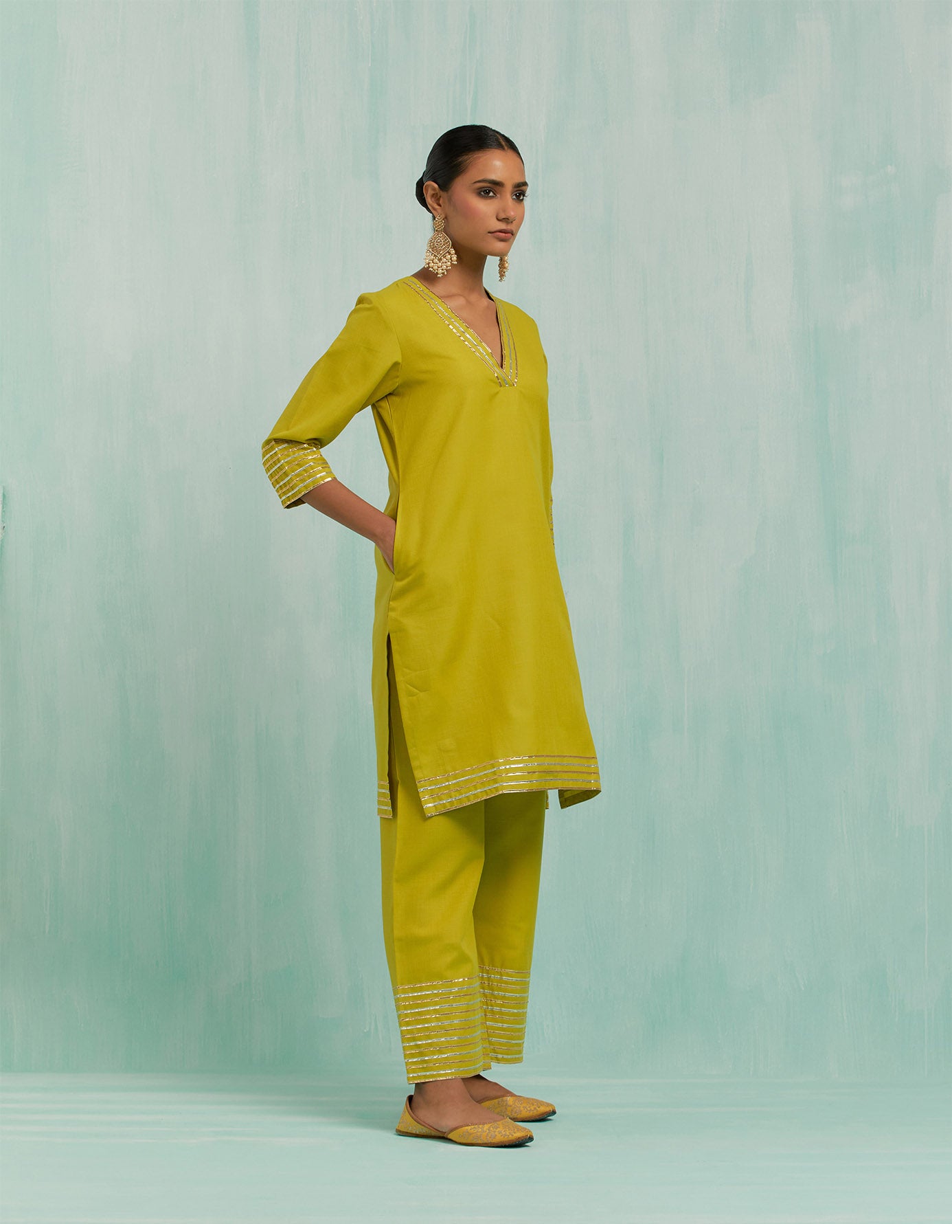 Lemon Green Kali Short Kurta And Palazzo With Gold Silver Gota Details (Set Of 2)