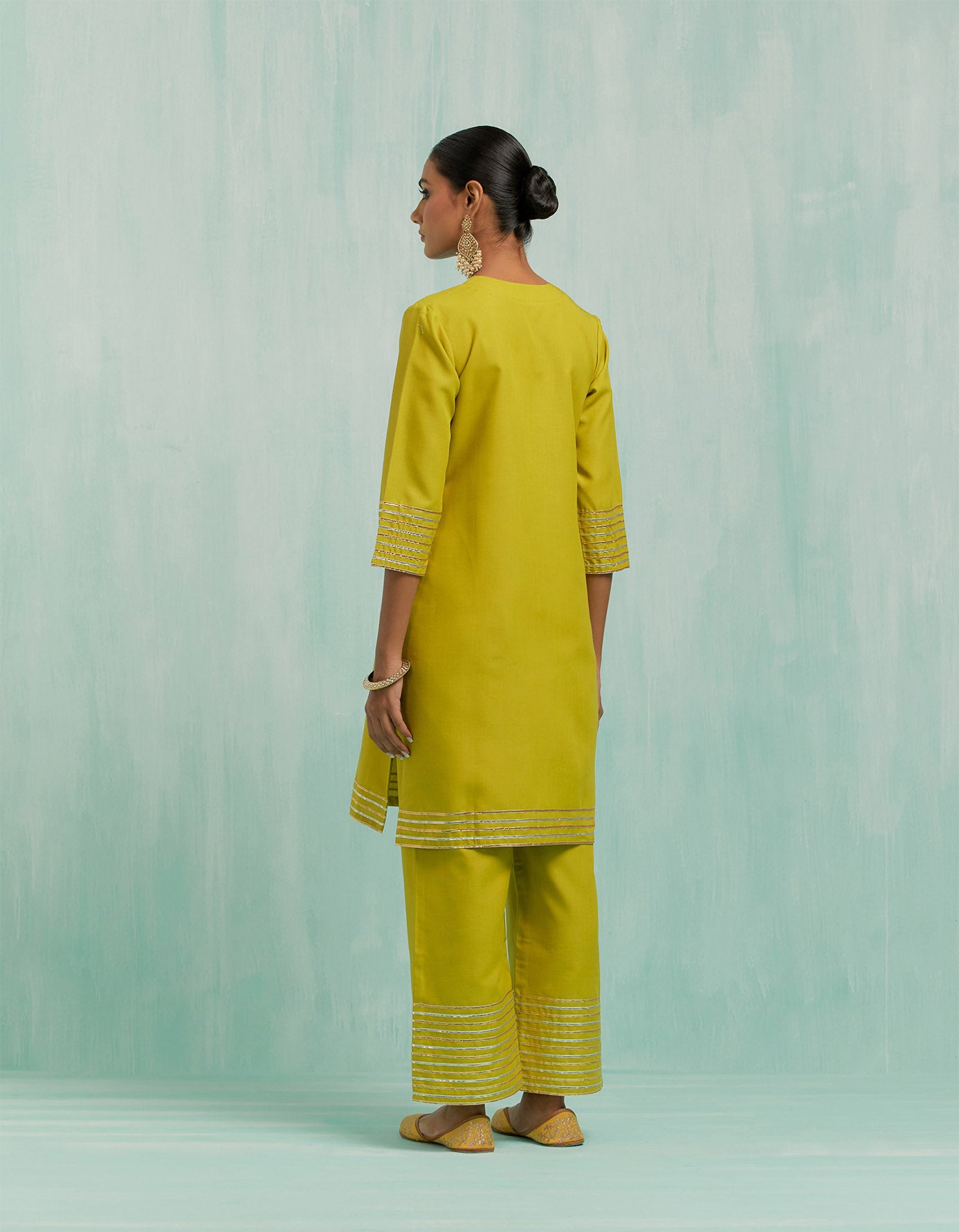 Lemon Green Kali Short Kurta And Palazzo With Gold Silver Gota Details (Set Of 2)