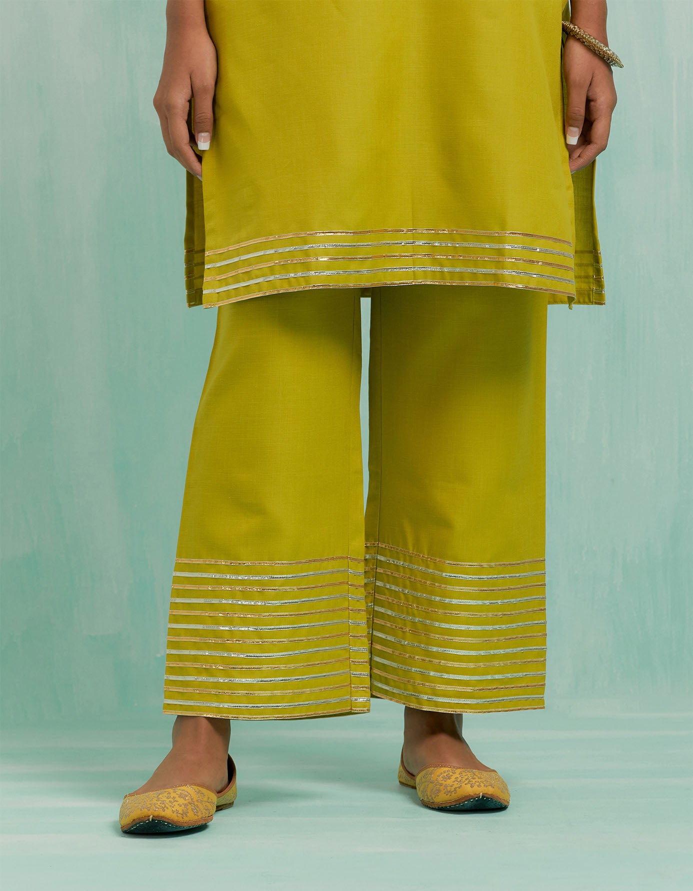 Lemon Green Kali Short Kurta And Palazzo With Gold Silver Gota Details (Set Of 2)