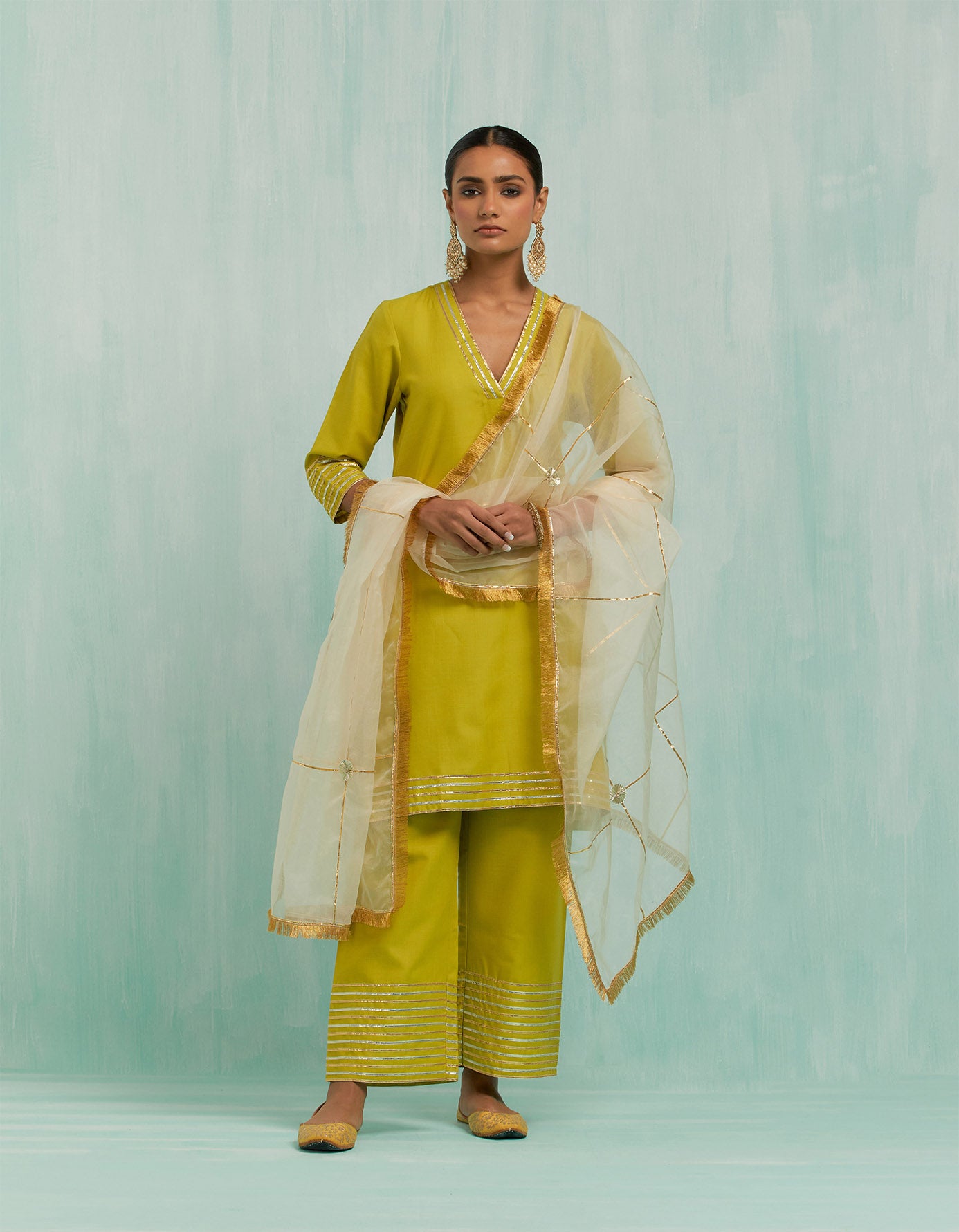 Lemon Green Kali Short Kurta And Palazzo With Gold Silver Gota Details (Set Of 2)
