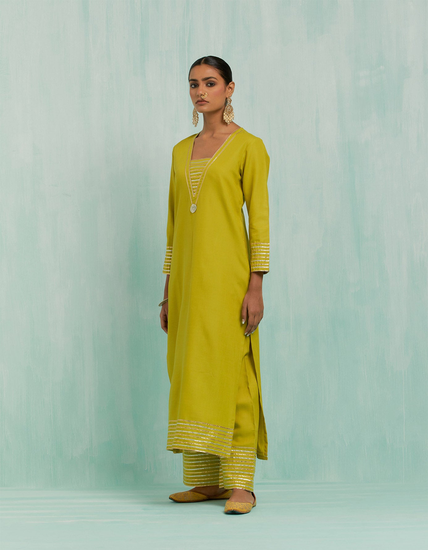 Lemon Green Rukhsaar Straight Kurta And Palazzo With Gold Silver Gota Details (Set Of 2)