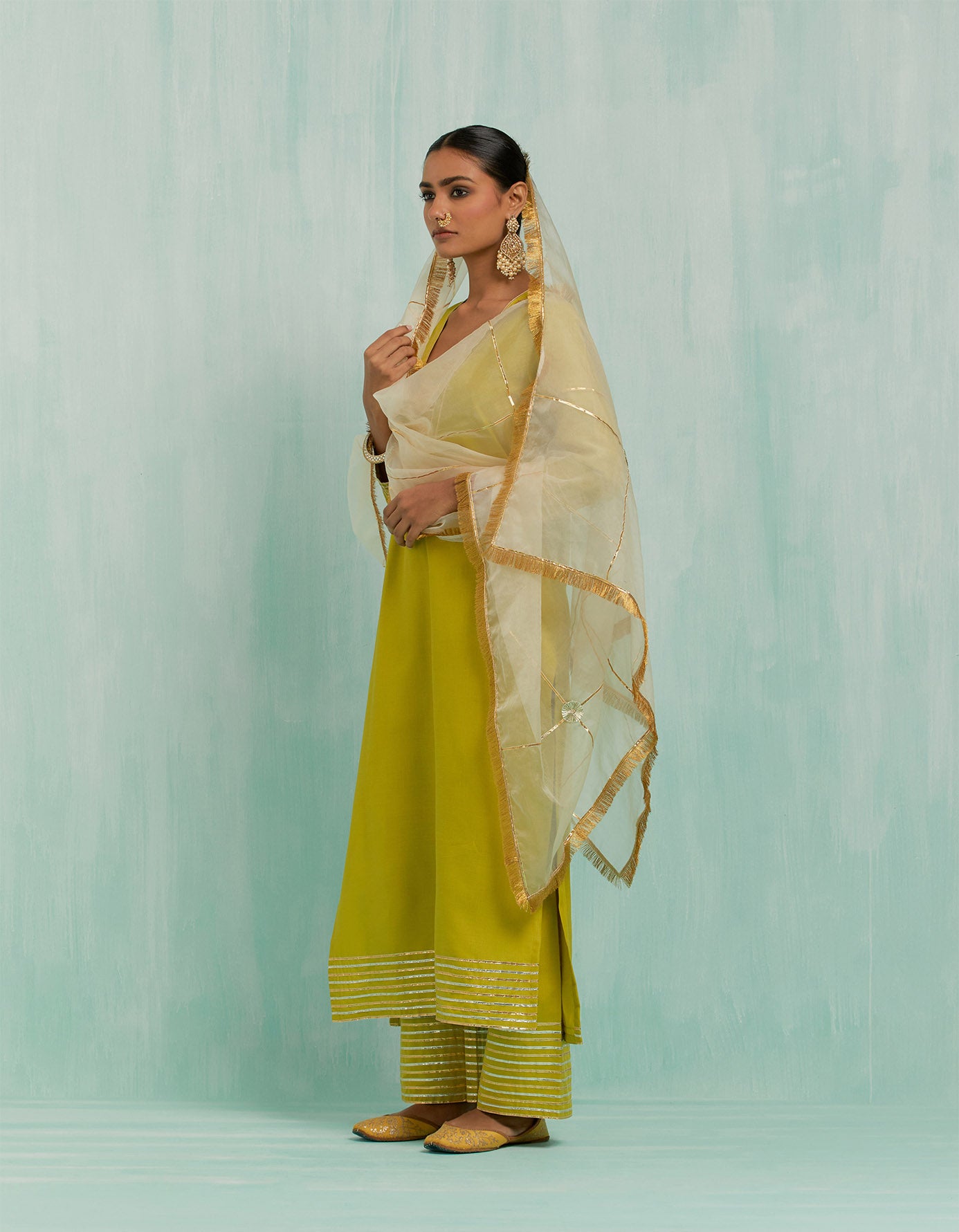 Lemon Green Rukhsaar Straight Kurta And Palazzo With Gold Silver Gota Details (Set Of 2)