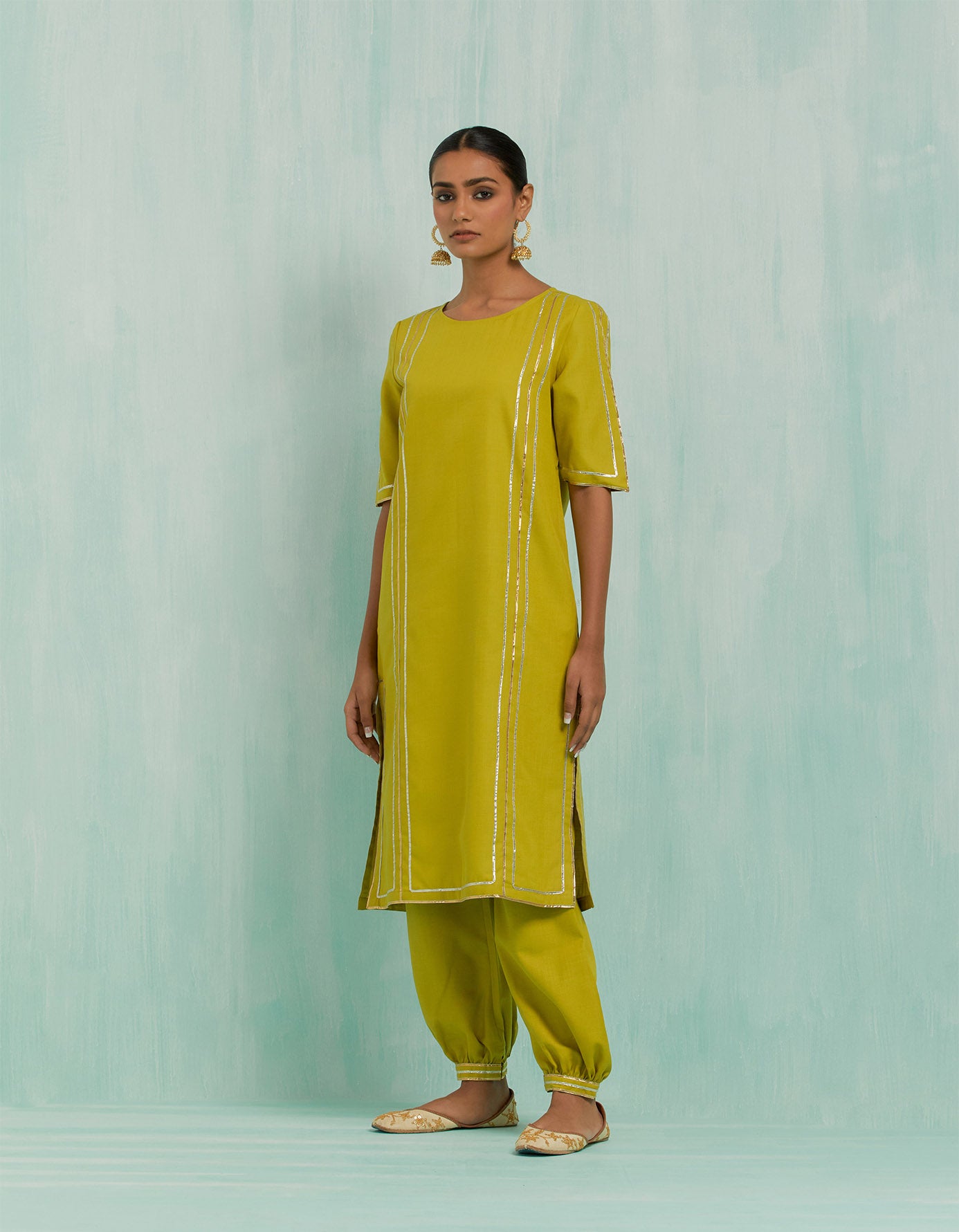 Lemon Green Rukbat Kurta And Salwar With Gold Silver Gota Details (Set Of 2)