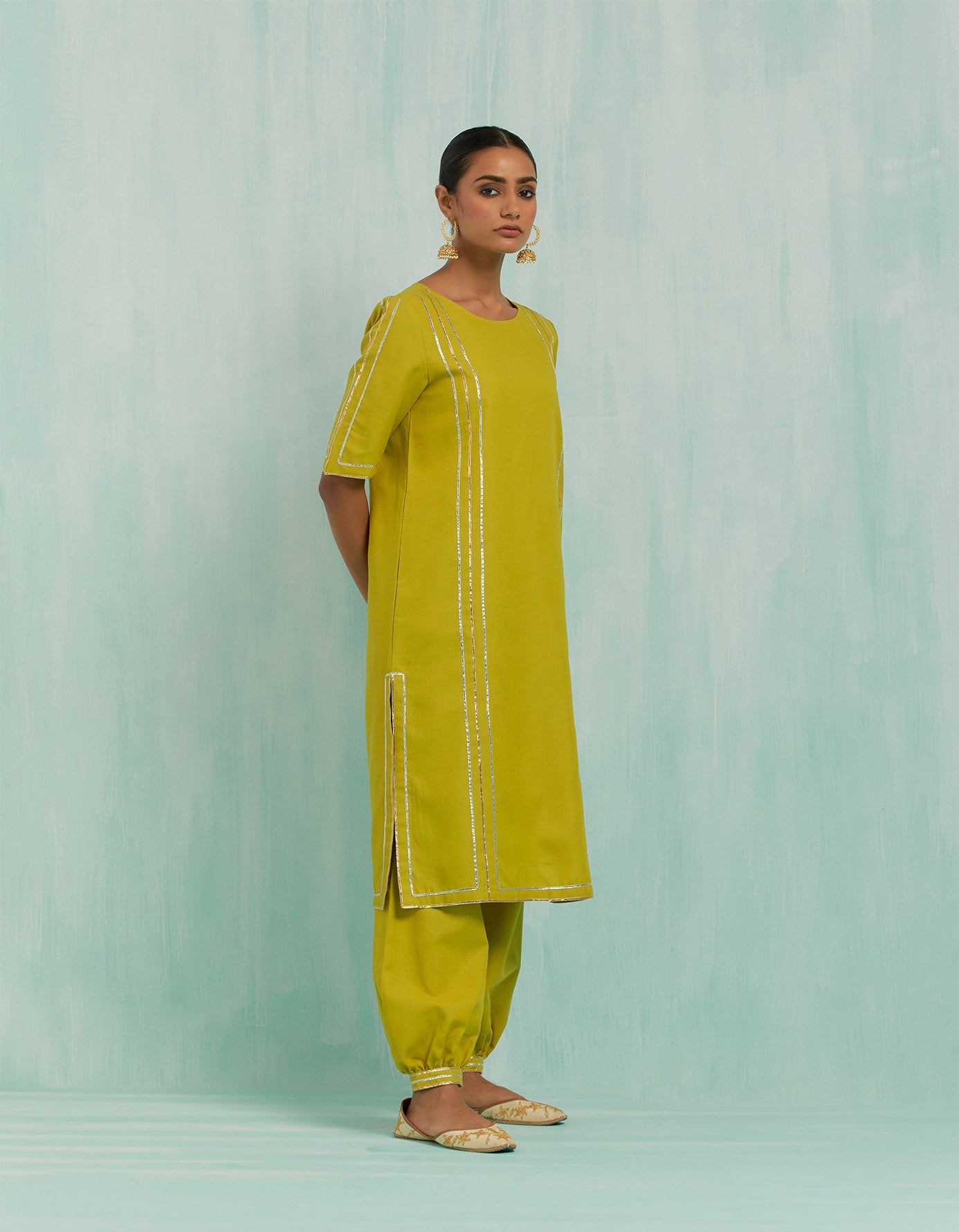Lemon Green Rukbat Kurta And Salwar With Gold Silver Gota Details (Set Of 2)