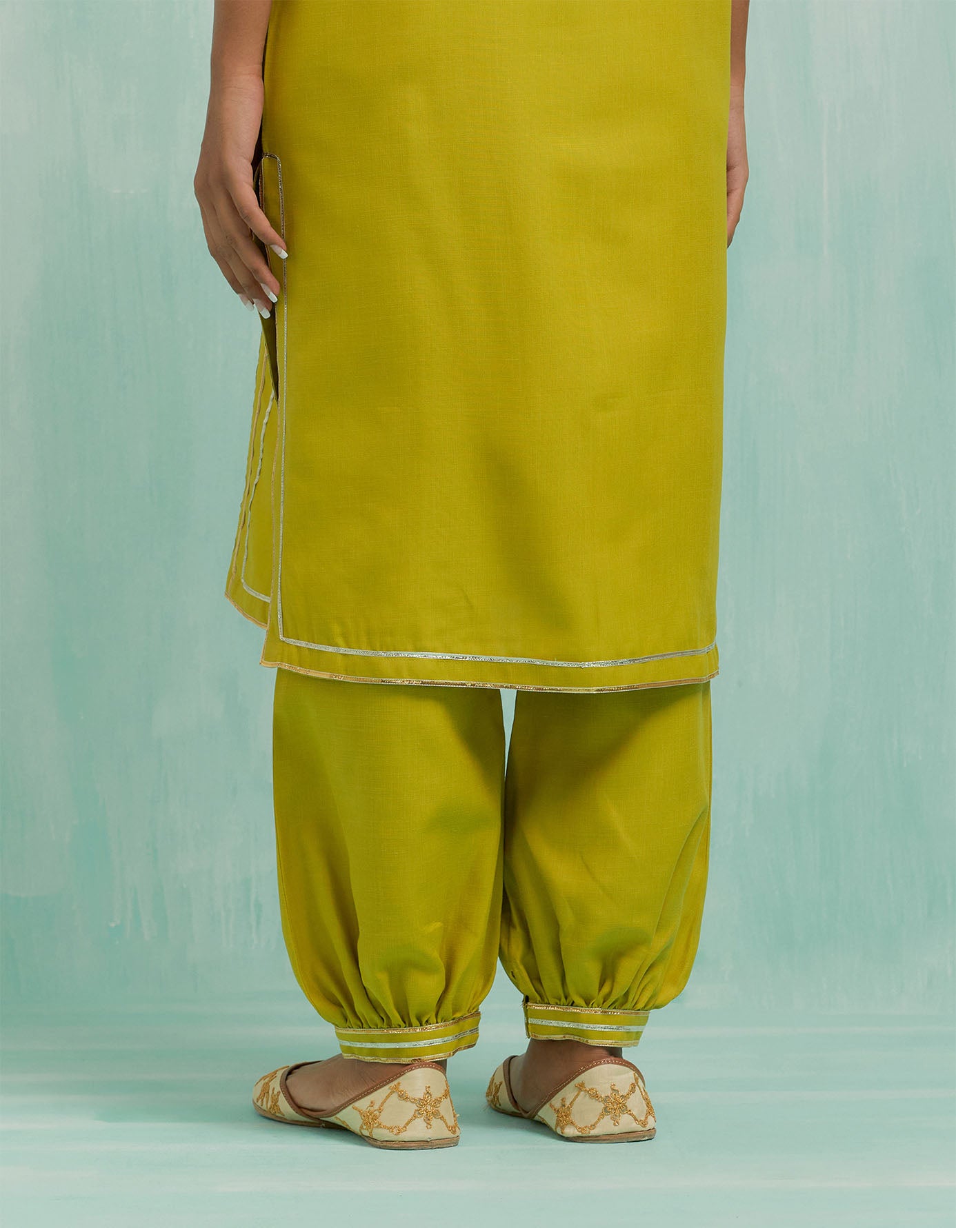 Lemon Green Rukbat Kurta And Salwar With Gold Silver Gota Details (Set Of 2)