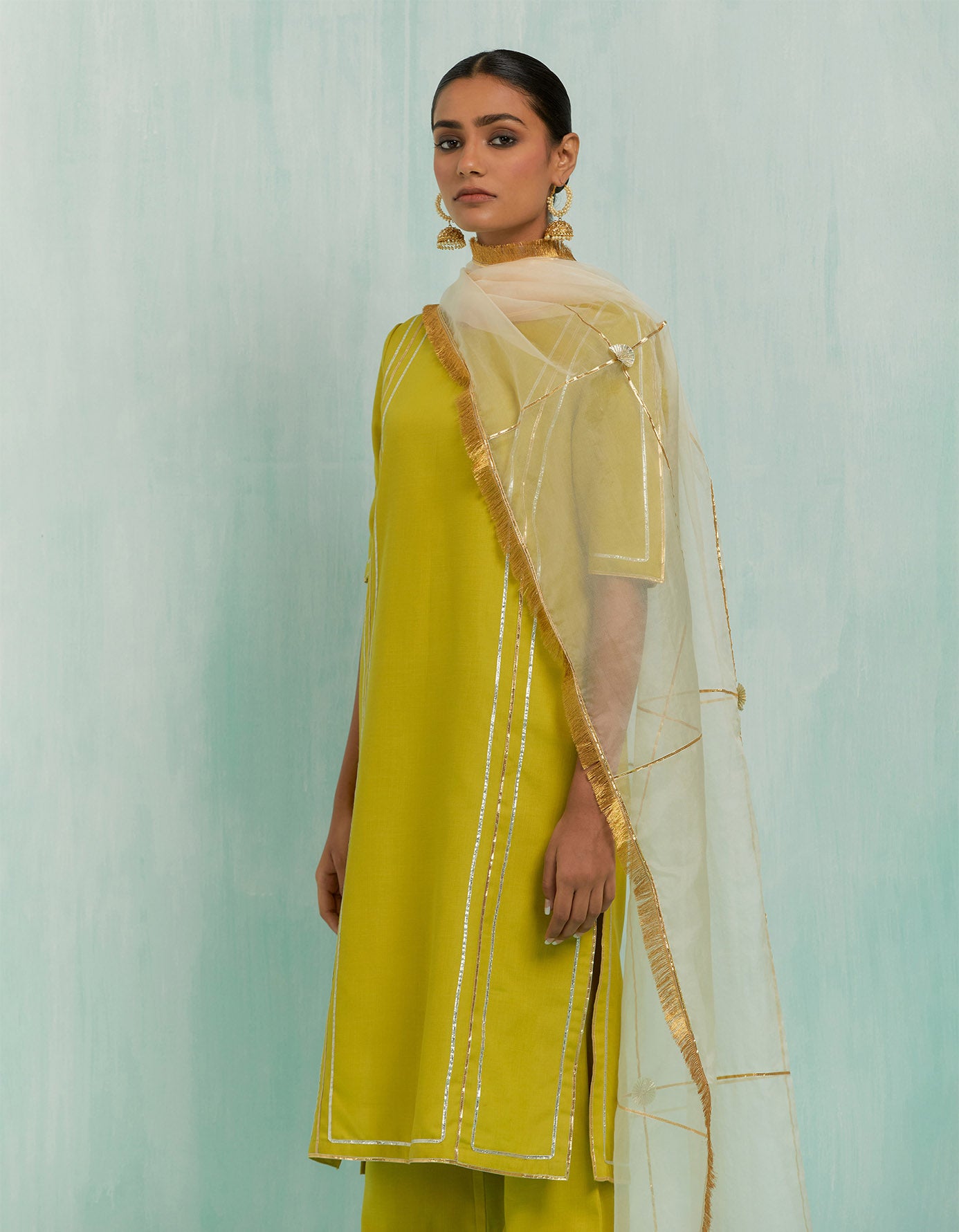 Lemon Green Rukbat Kurta And Salwar With Gold Silver Gota Details (Set Of 2)