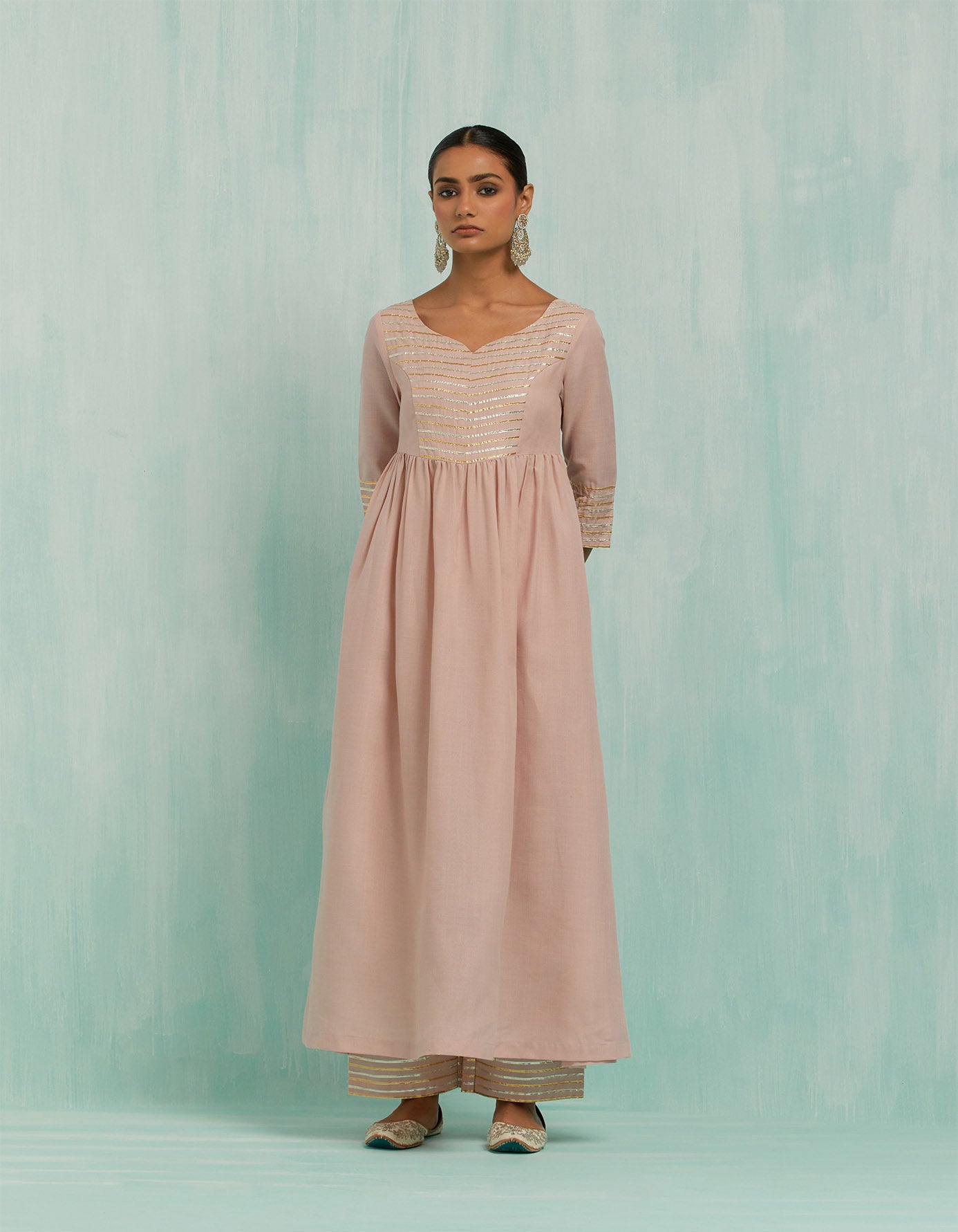 Pale Pink Naaz Anarkali Kurta And Palazzo With Gold Silver Gota Details (Set Of 2)