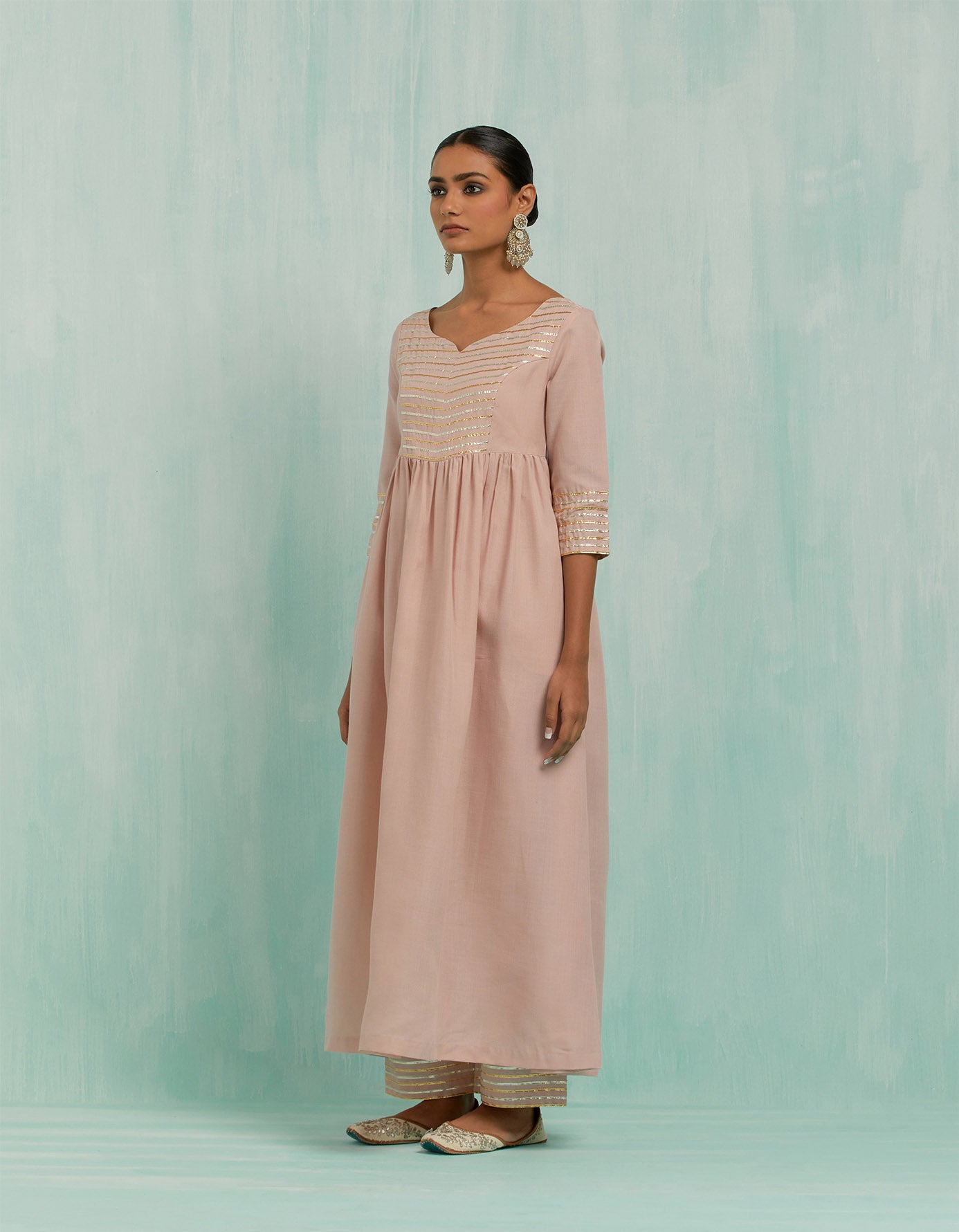 Pale Pink Naaz Anarkali Kurta And Palazzo With Gold Silver Gota Details (Set Of 2)