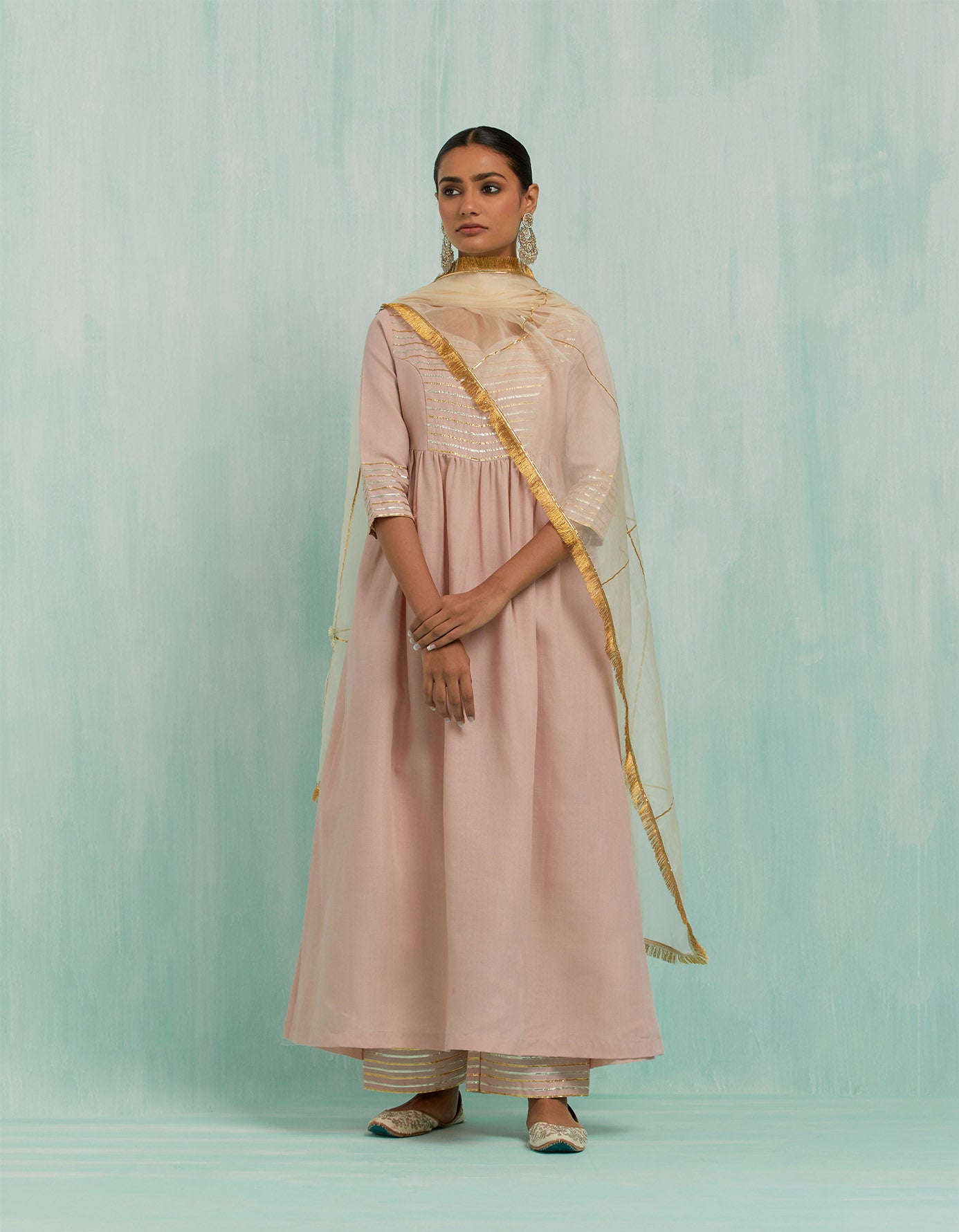 Pale Pink Naaz Anarkali Kurta And Palazzo With Gold Silver Gota Details (Set Of 2)