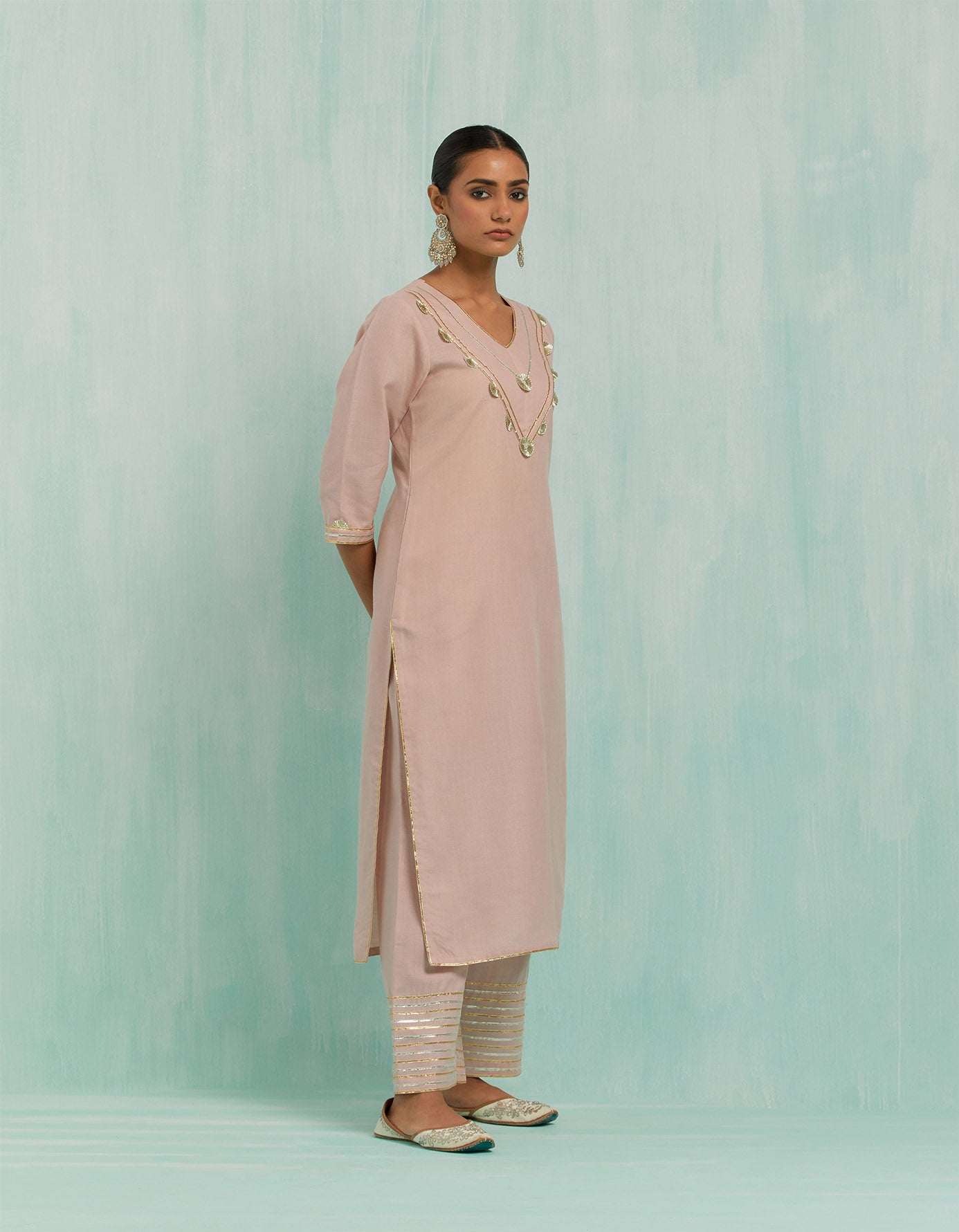 Pale Pink Mira Straight Kurta And Palazzo With Gold Silver Gota Details (Set Of 2)