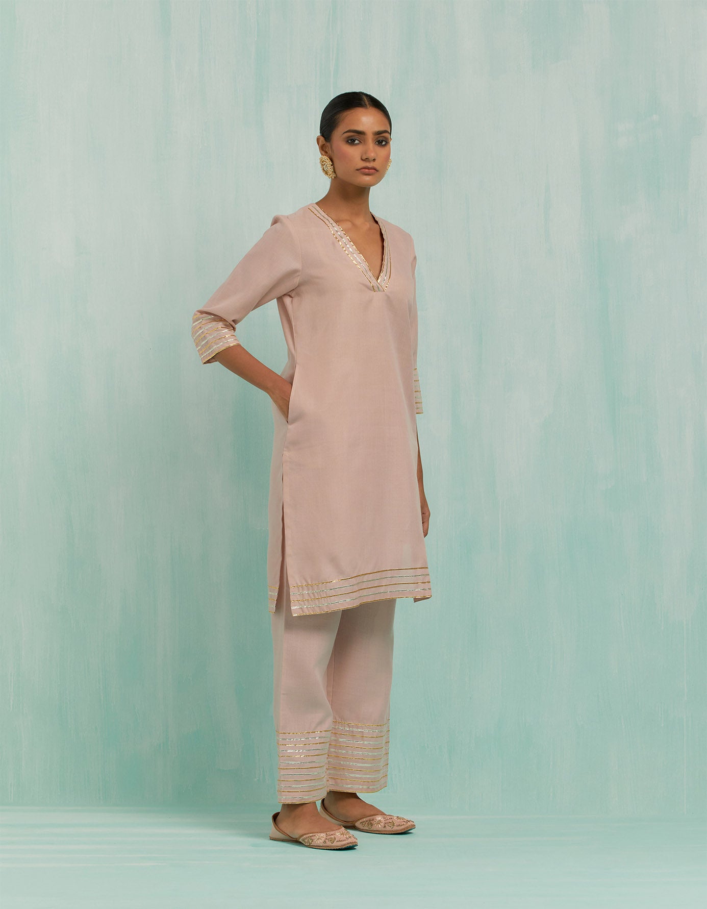 Pale Pink Kali Short Kurta And Palazzo With Gold Silver Gota Details (Set Of 2)