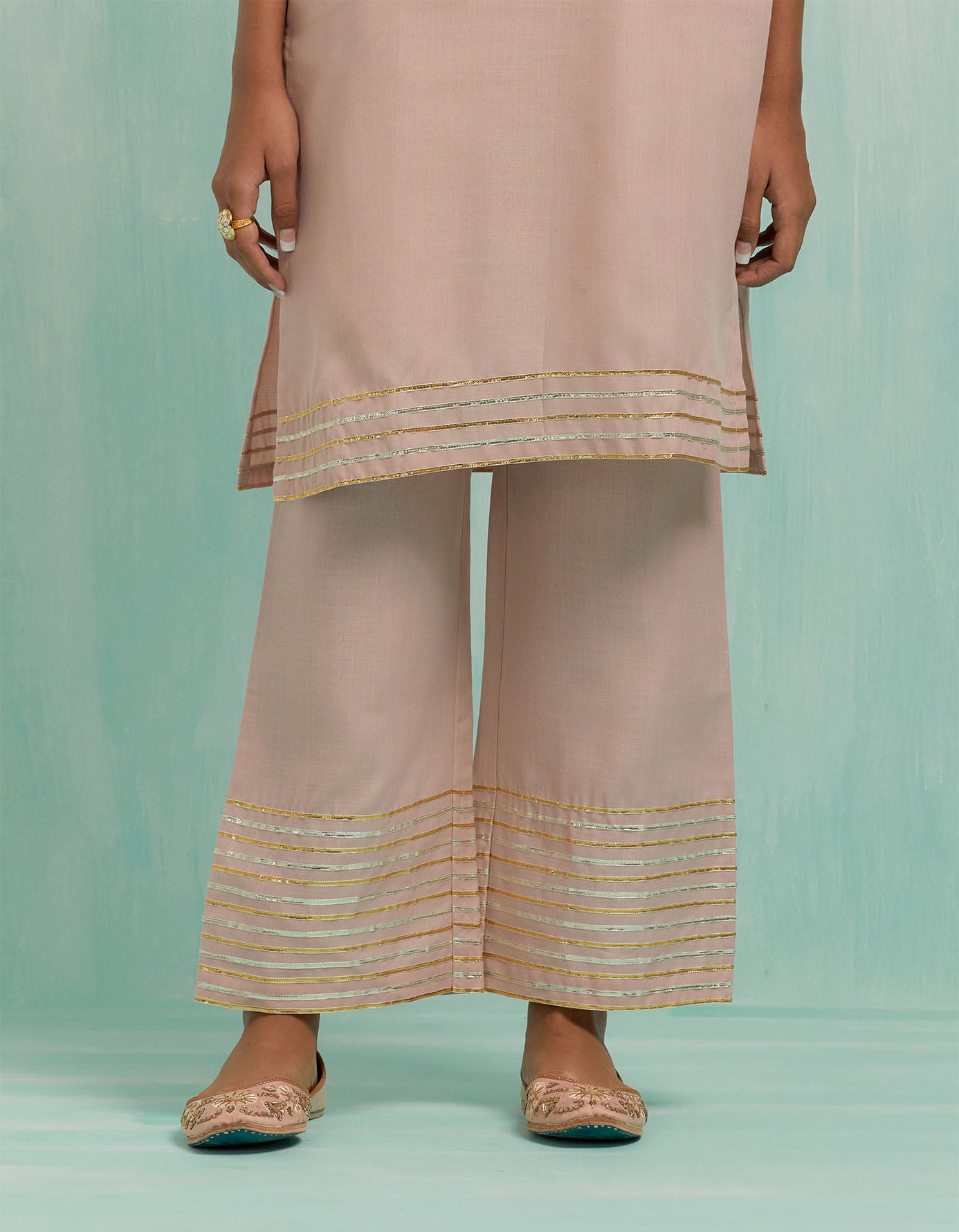 Pale Pink Kali Short Kurta And Palazzo With Gold Silver Gota Details (Set Of 2)