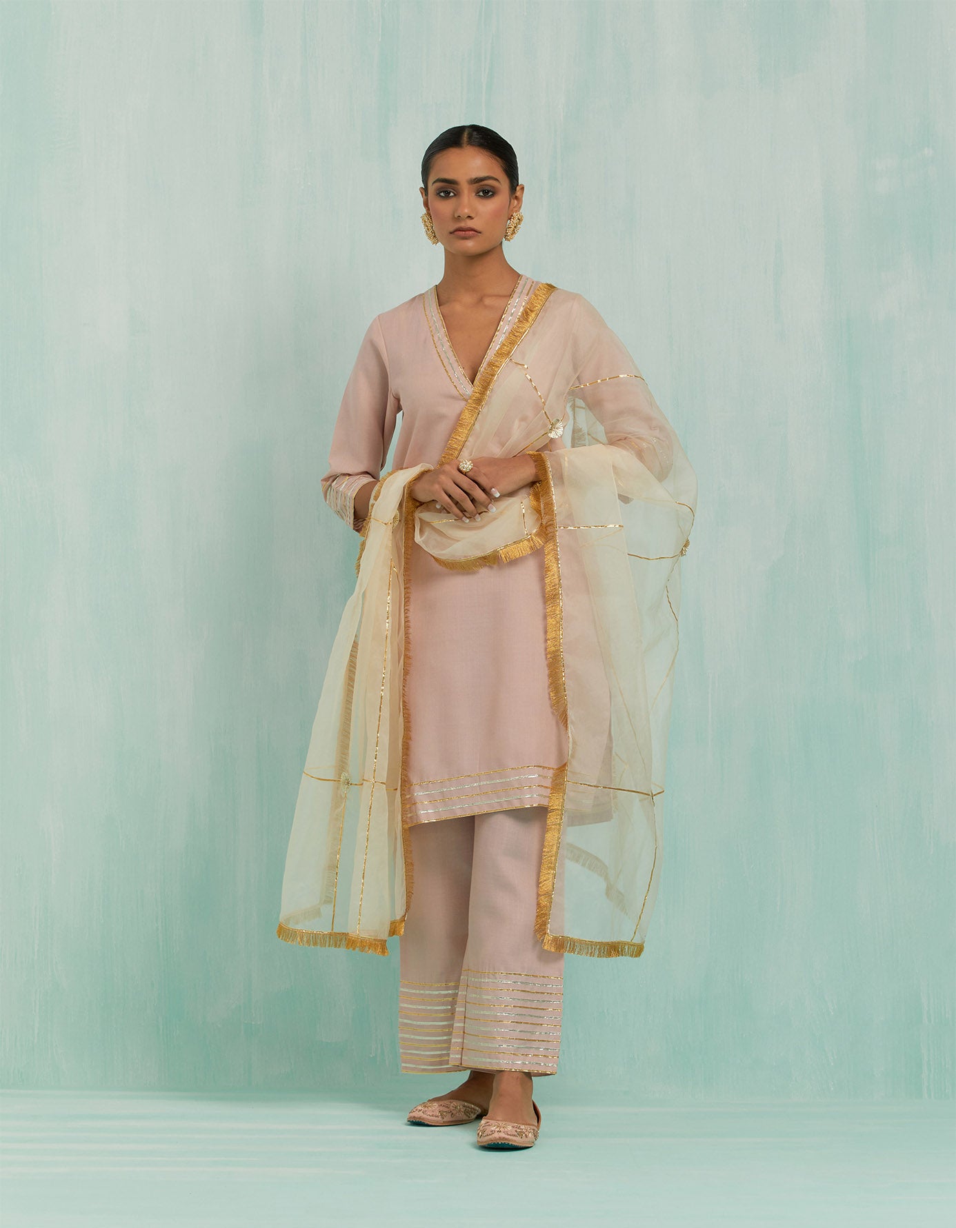 Pale Pink Kali Short Kurta And Palazzo With Gold Silver Gota Details (Set Of 2)