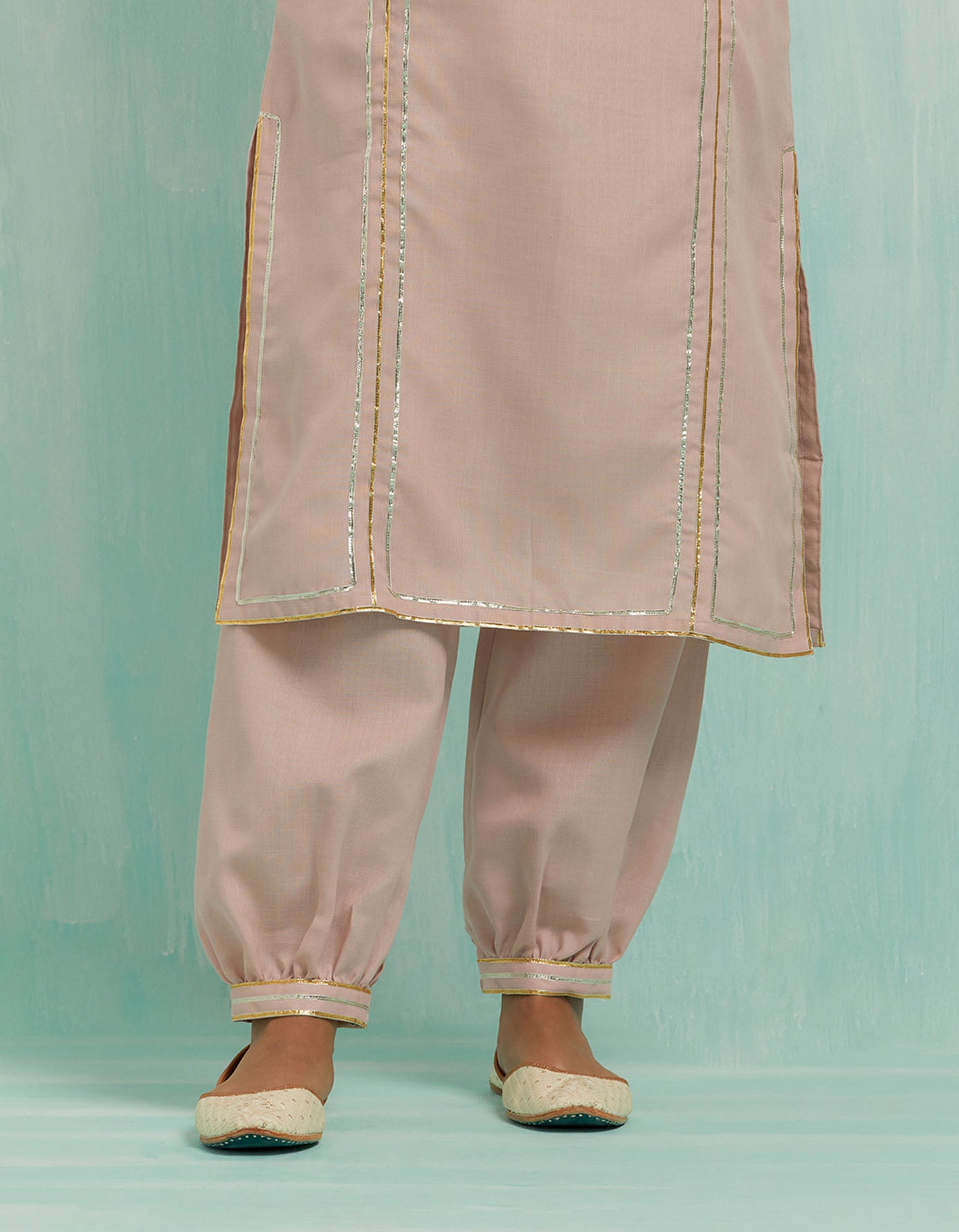 Pale Pink Rukbat Kurta And Salwar With Gold Silver Gota Details (Set Of 2)