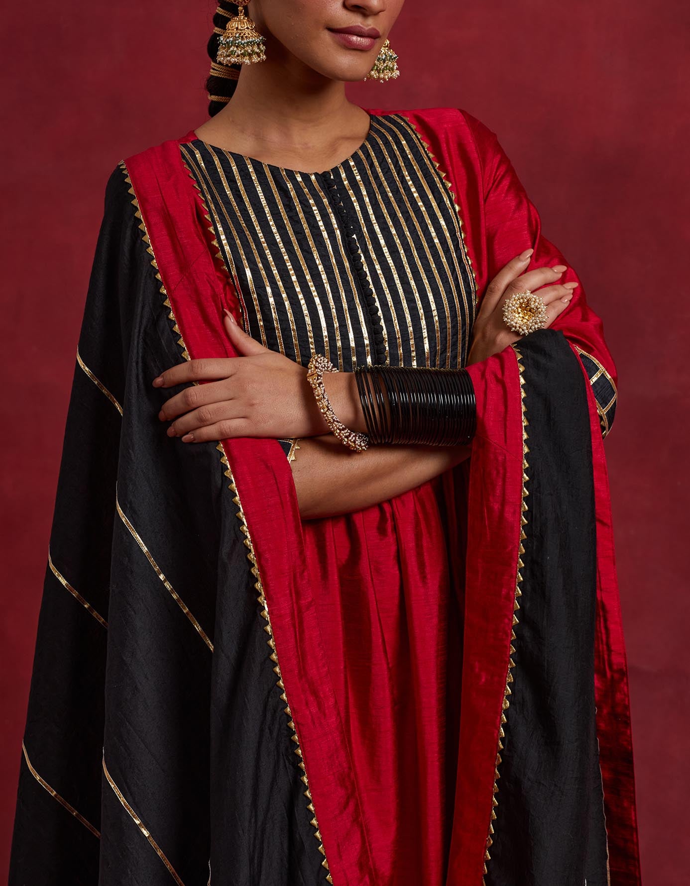 Red Black Raw Silk Gauhar Kurta Set (Set Of 3)