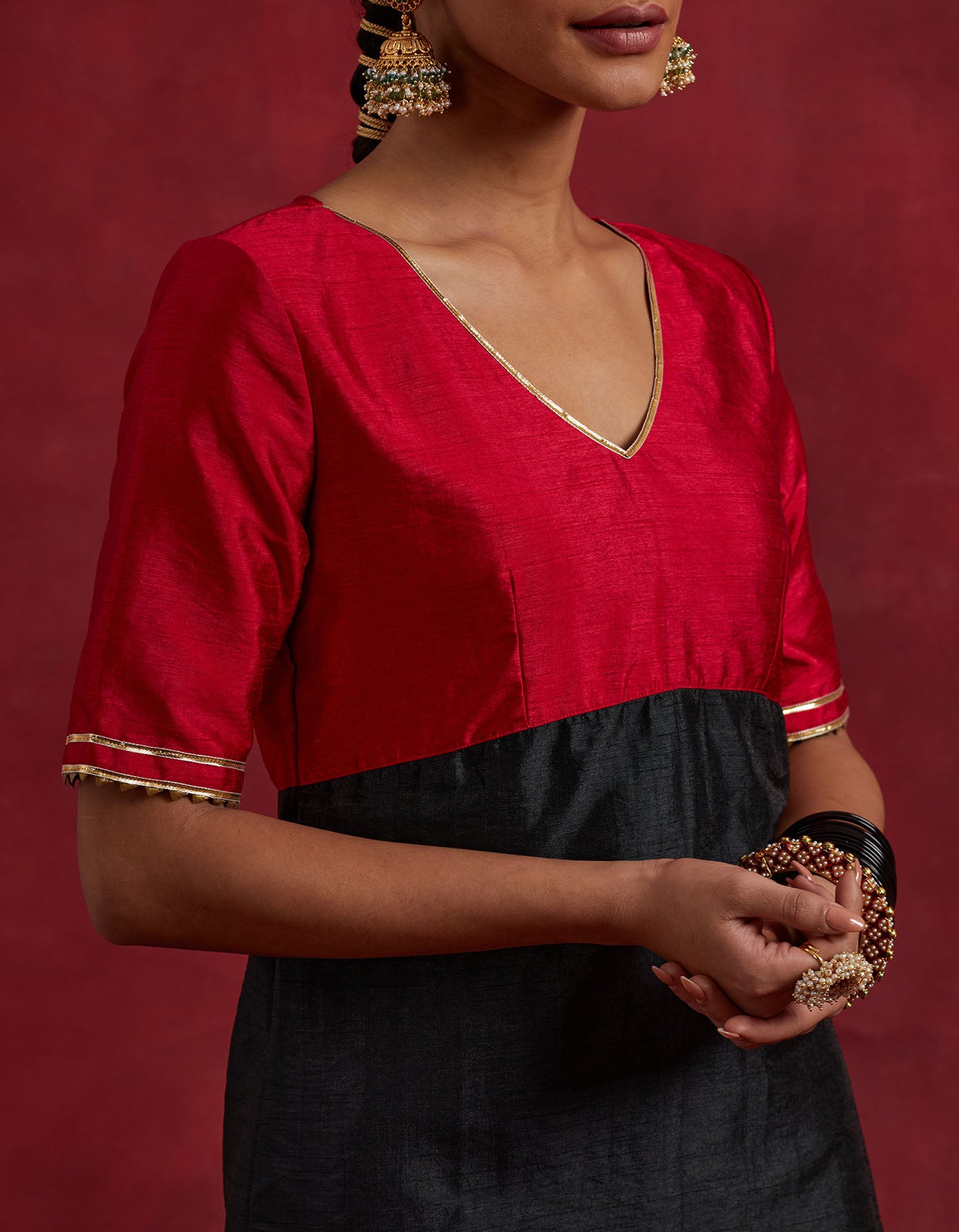 Red Black Raw Silk Sadhna Kurta Set (Set Of 2)