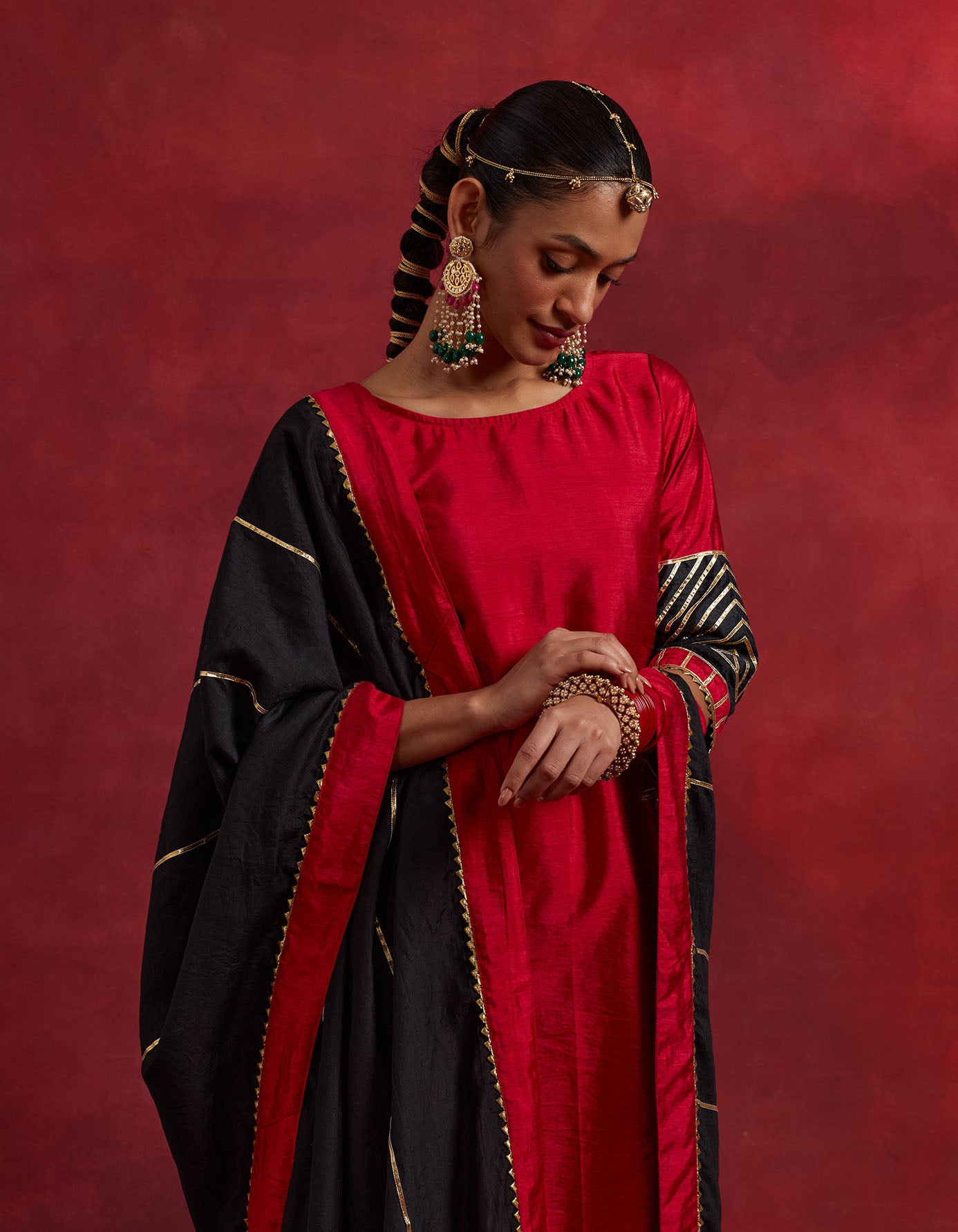 Red Black Raw Silk Jennifer Kurta Set (Set Of 3)