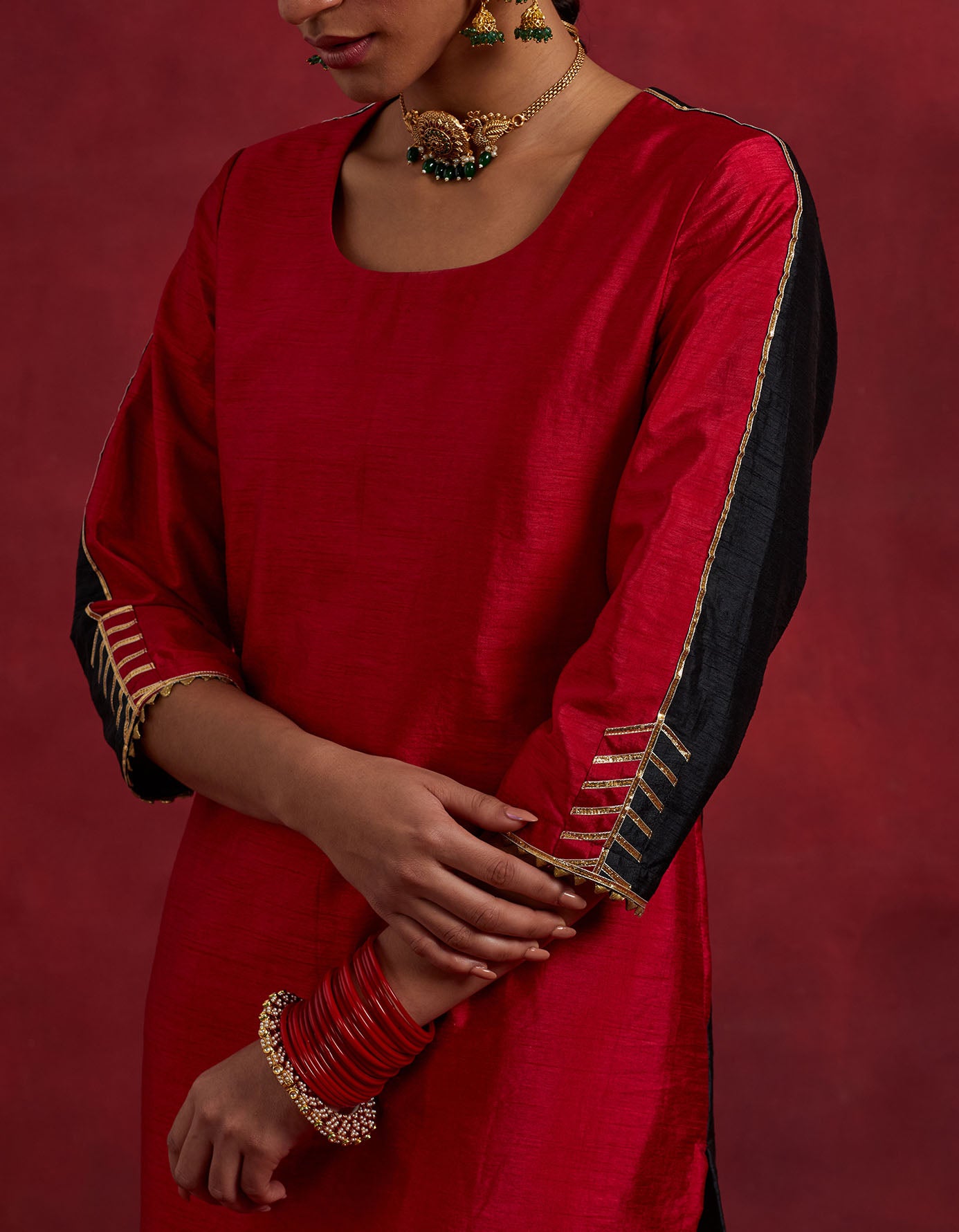 Red Black Raw Silk Half And Half Kurta